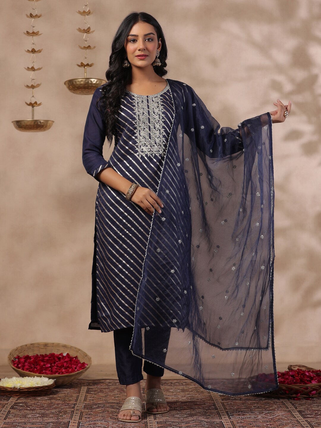 

Ishin Ethnic Motifs Zari Embroidered Round Neck Pure Silk Kurta With Trousers & Dupatta, Navy blue