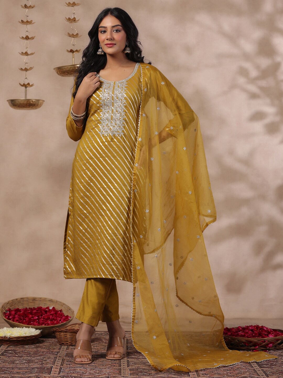 

Ishin Ethnic Motifs Zari Embroidered Round Neck Pure Silk Kurta With Trousers & Dupatta, Mustard