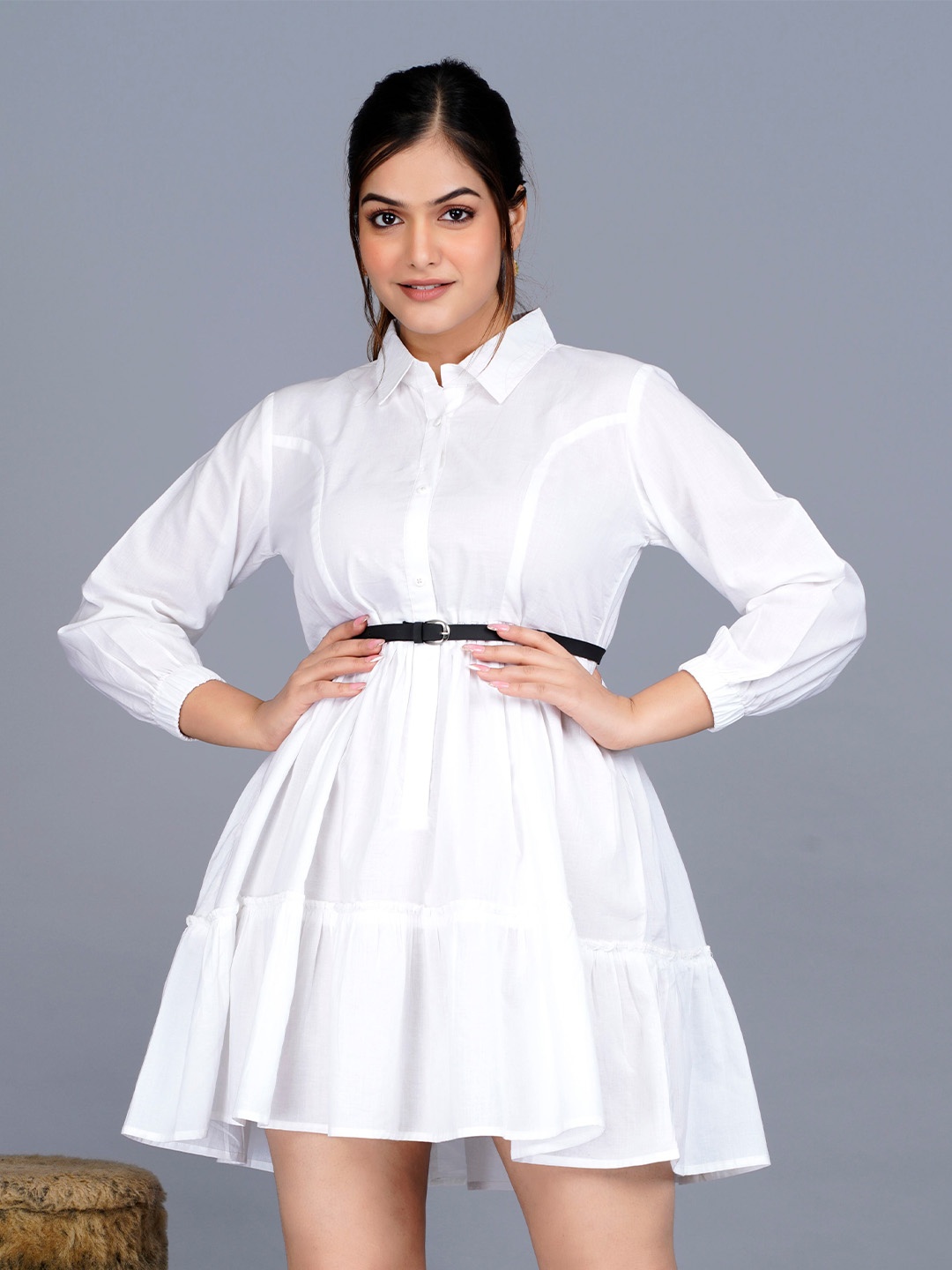 

PINGAKSH Shirt Collar Long Sleeves Fit & Flare Dress, White