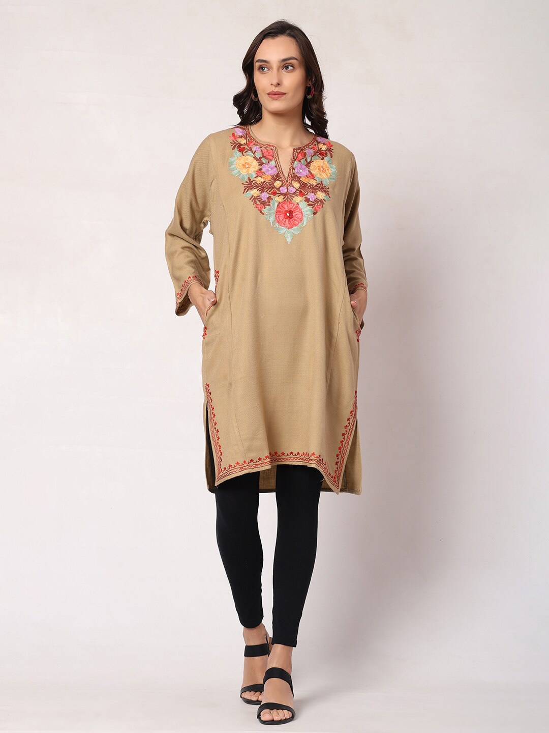 

CRAFTBAZAR Floral Embroidered Keyhole Neck A-Line Kurta, Beige