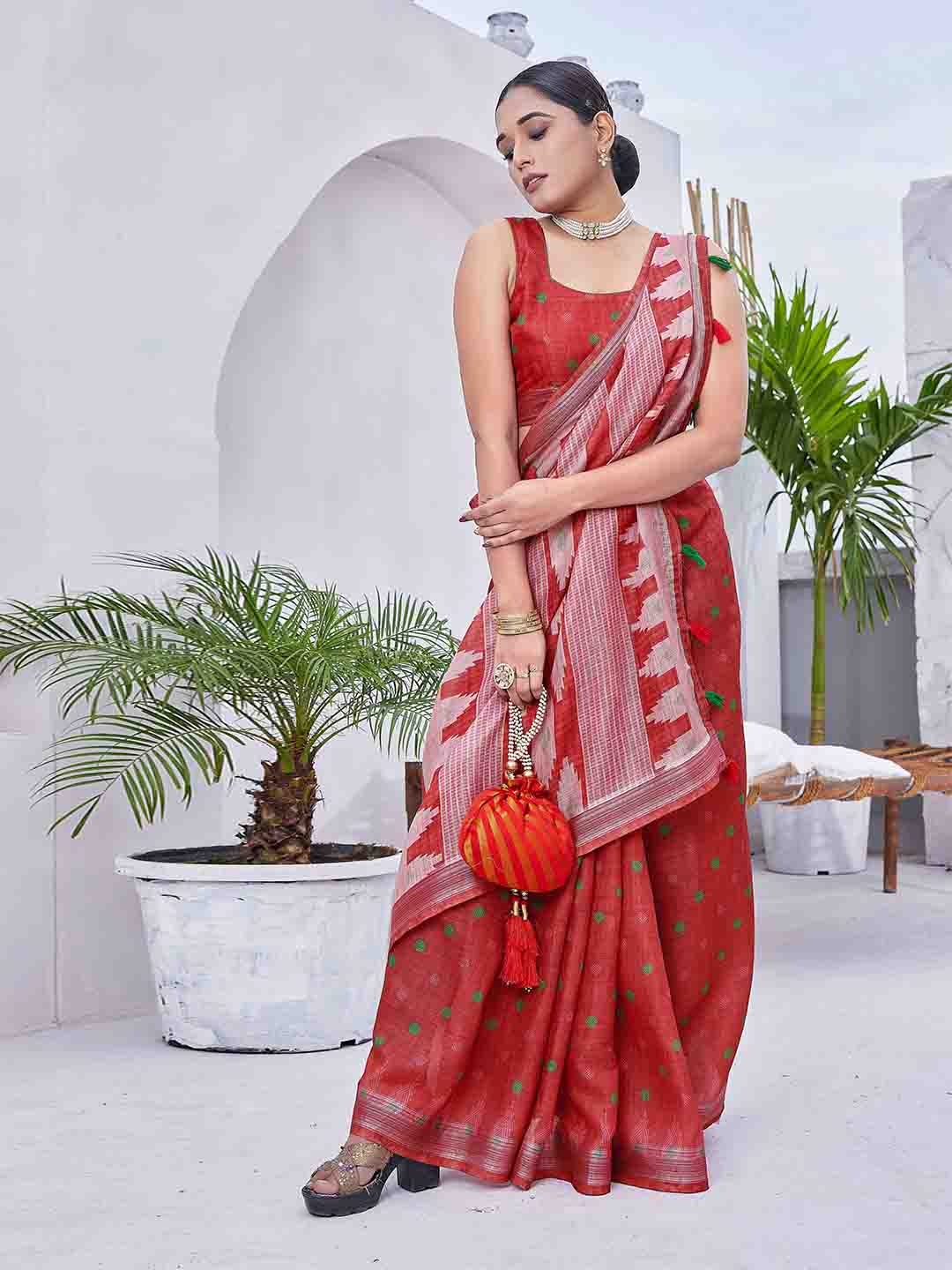 

Chandbaali Polka Dot Designer Block Print Saree, Red