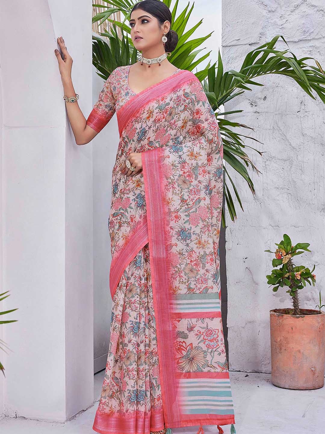 

Chandbaali Floral Designer Block Print Saree, Pink