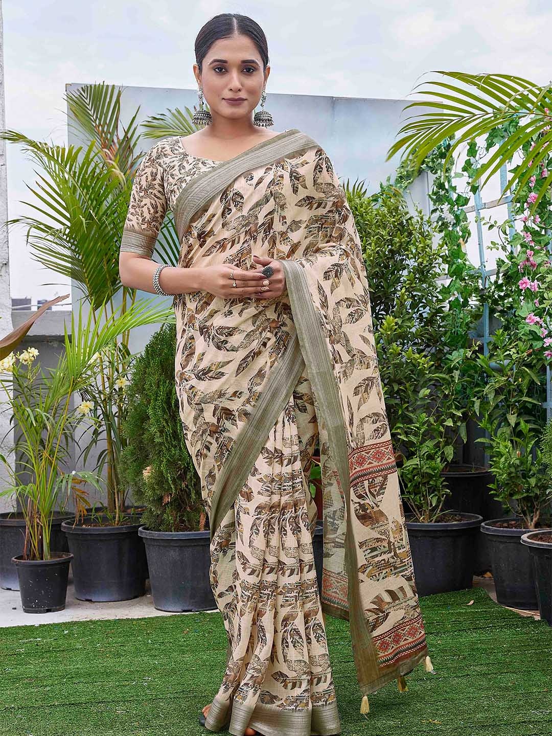 

Chandbaali Floral Printed Designer Block Print Saree, Cream