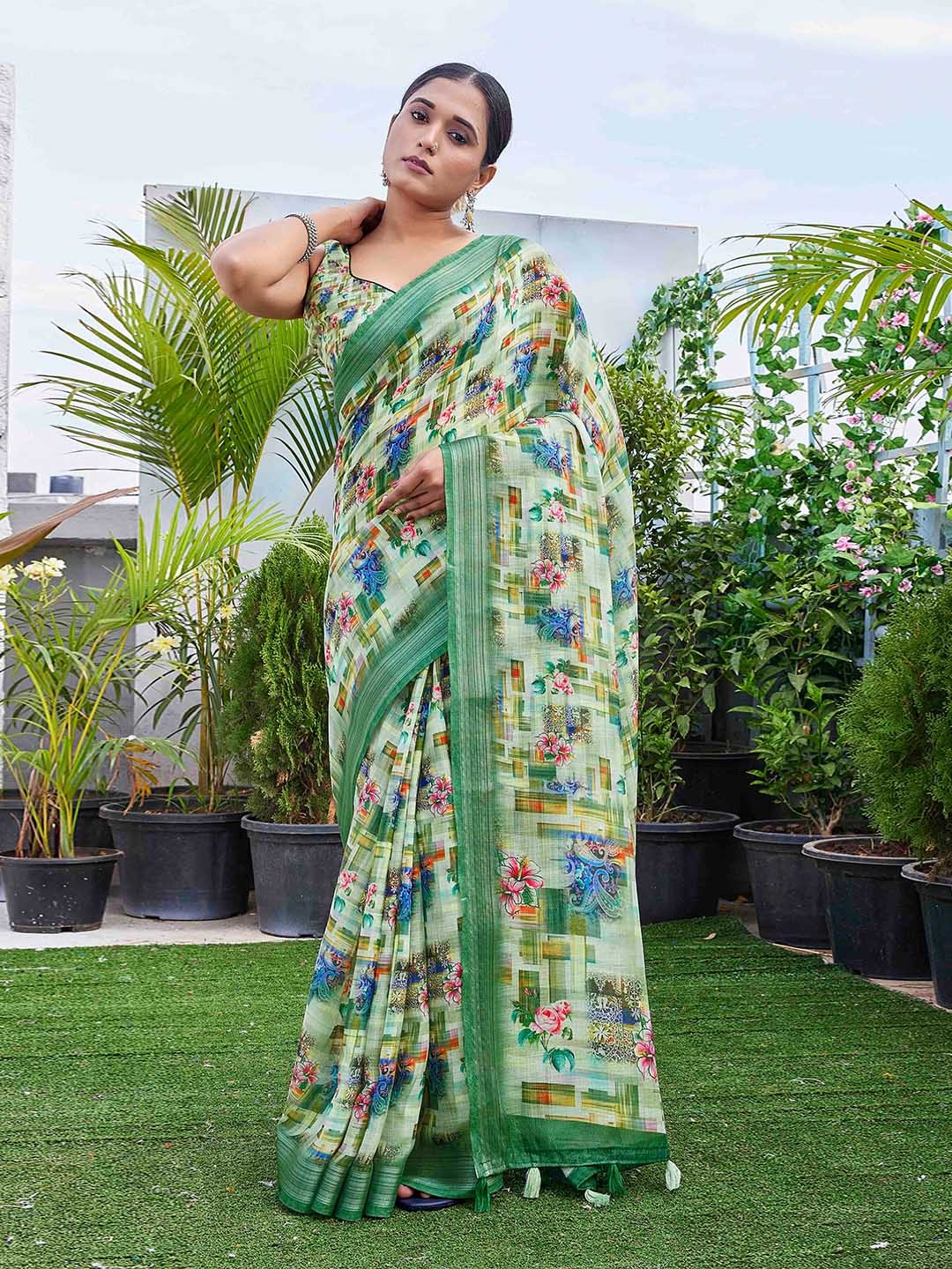 

Chandbaali Checked Printed Designer Block Print Saree, Green