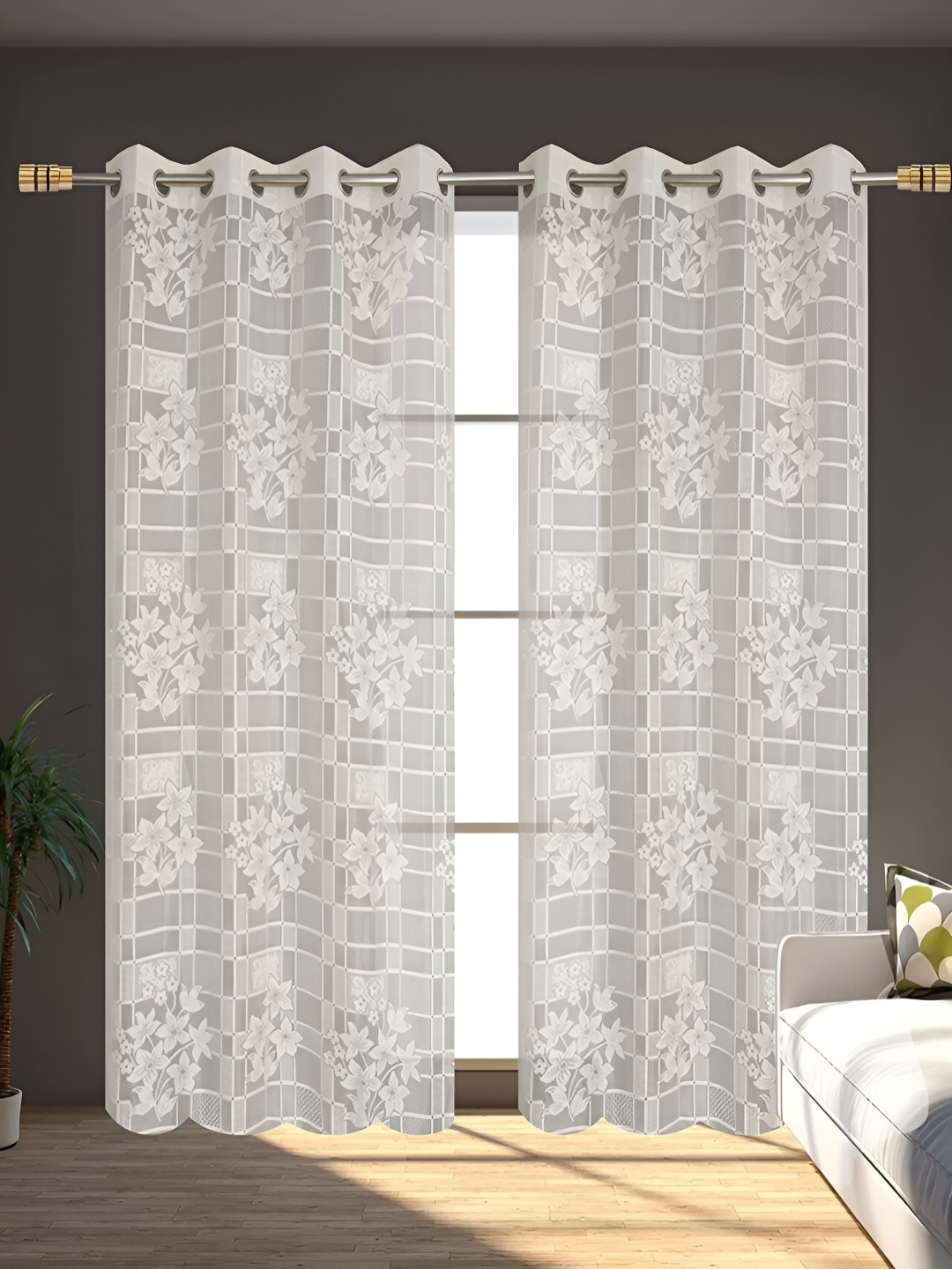 

stuffique Cream 2 Pieces Floral Sheer Long Door Curtain