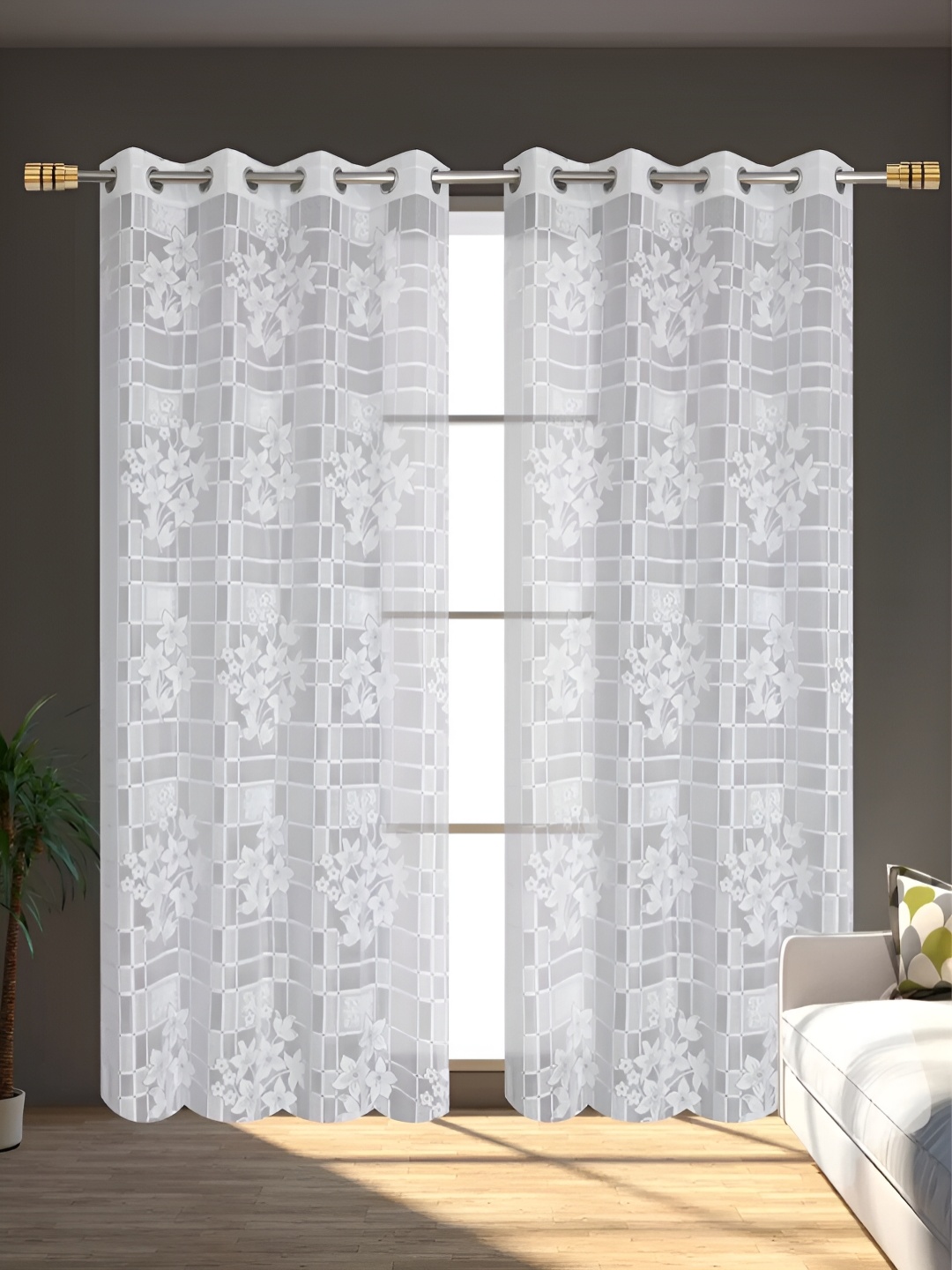 

stuffique White 2 Pieces Floral Sheer Long Door Curtain