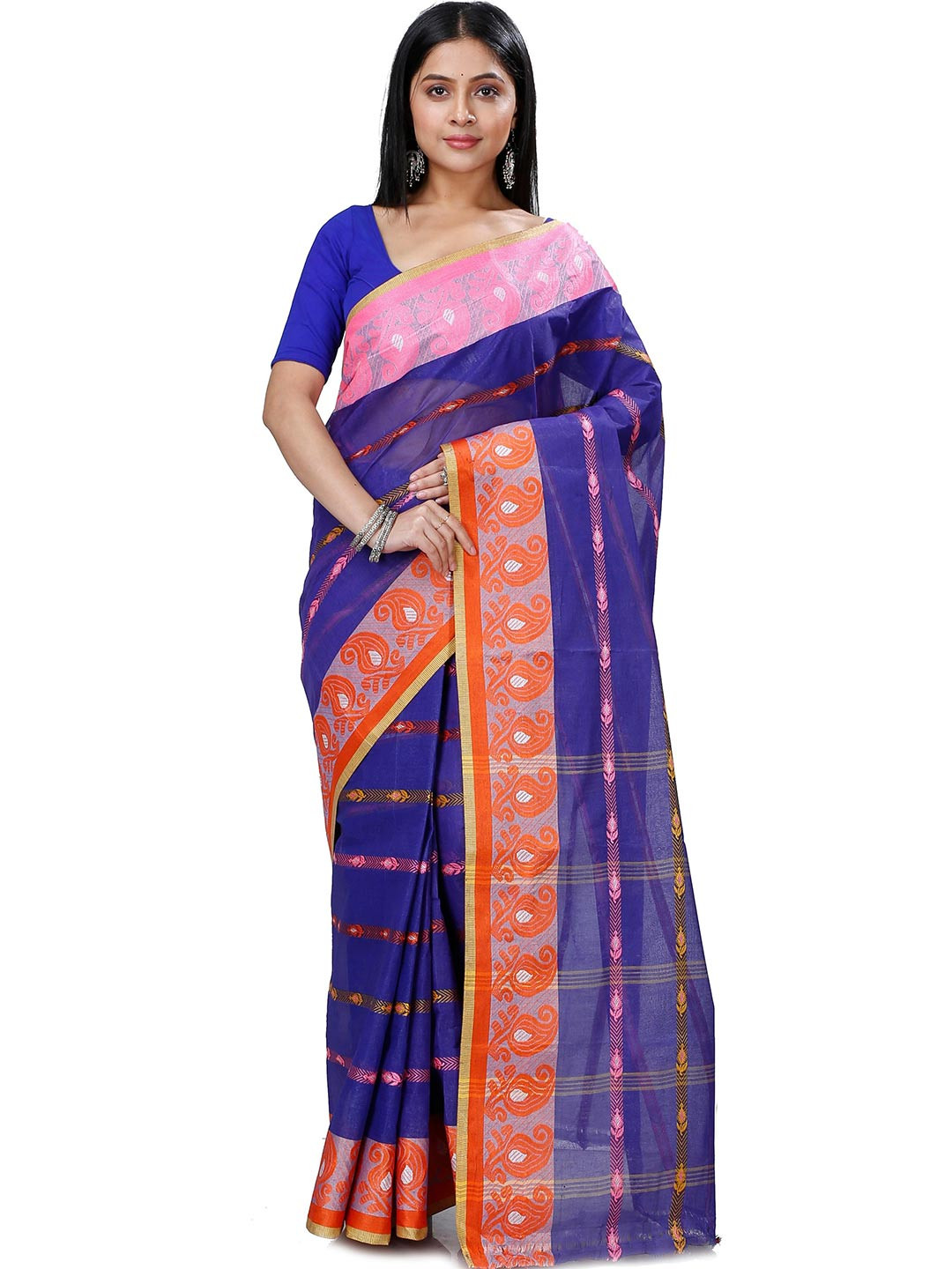 

DipDiya Ethnic Pure Cotton Taant Saree, Navy blue