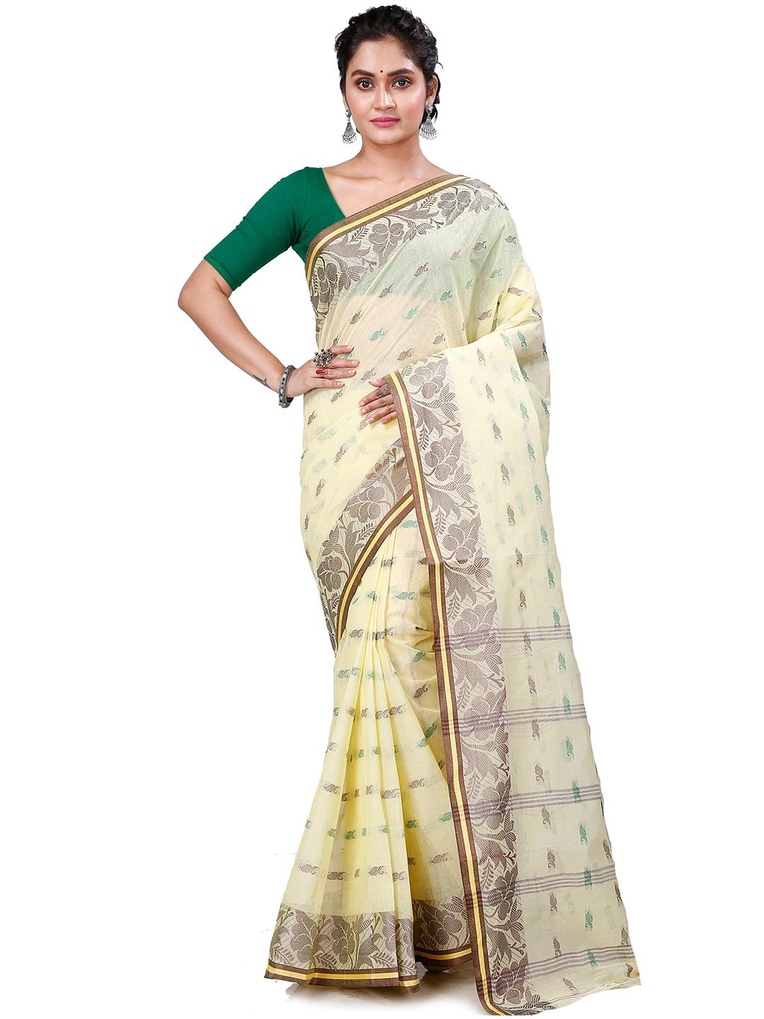 

DipDiya Ethnic Pure Cotton Taant Saree, Off white