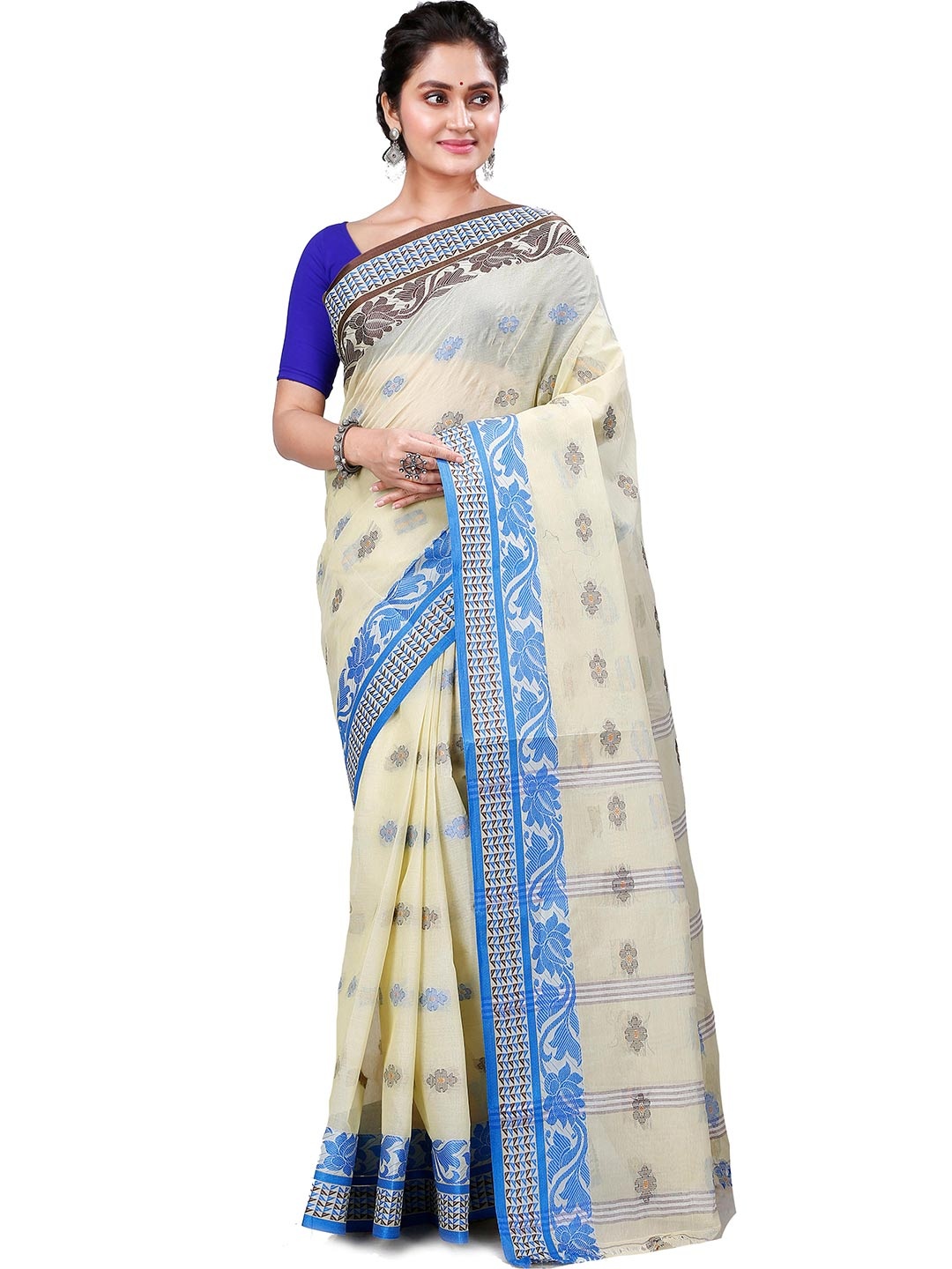 

DipDiya Ethnic Pure Cotton Taant Saree, Off white