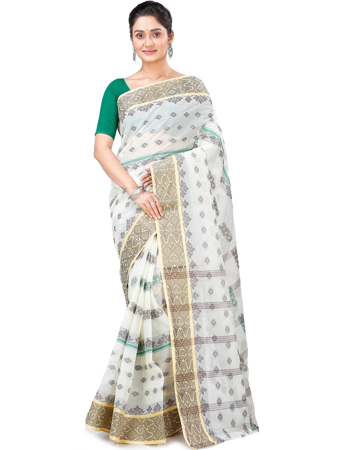 

DipDiya Ethnic Pure Cotton Taant Saree, White