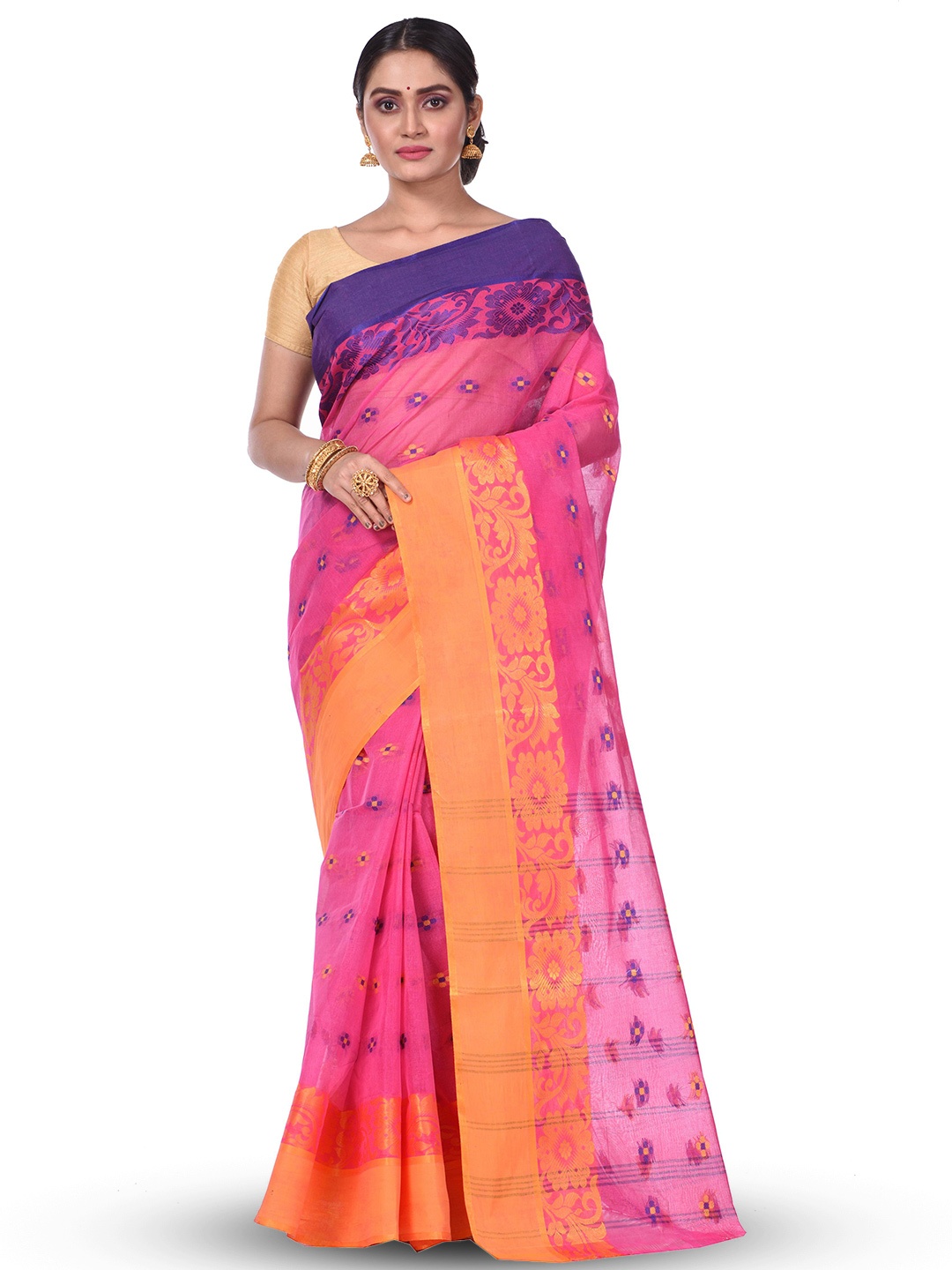 

DipDiya Ethnic Pure Cotton Taant Saree, Pink