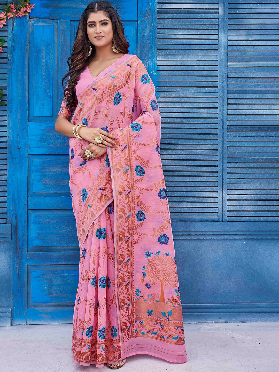 

Chandbaali Floral Woven Design Zari Pure Linen Kanjeevaram Saree, Pink