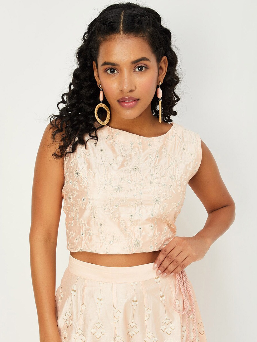 

max Floral Embroidered Boat Neck Sleeveless Crop Top, Peach