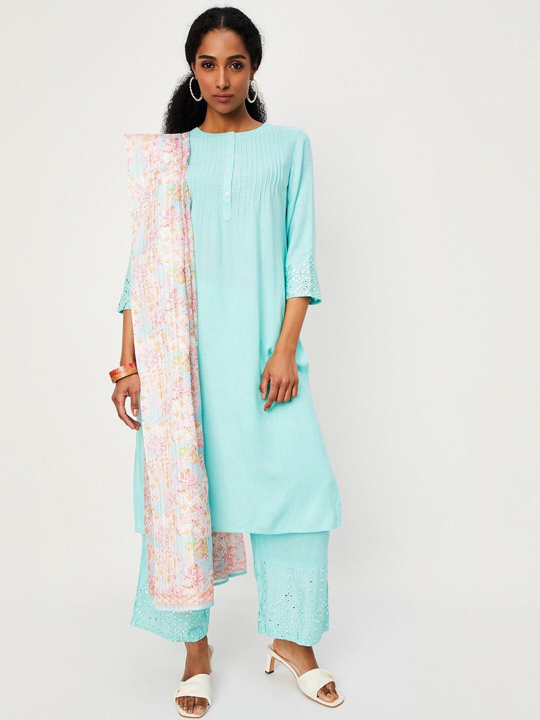 

max Self Design Round Neck Kurta Set, Blue