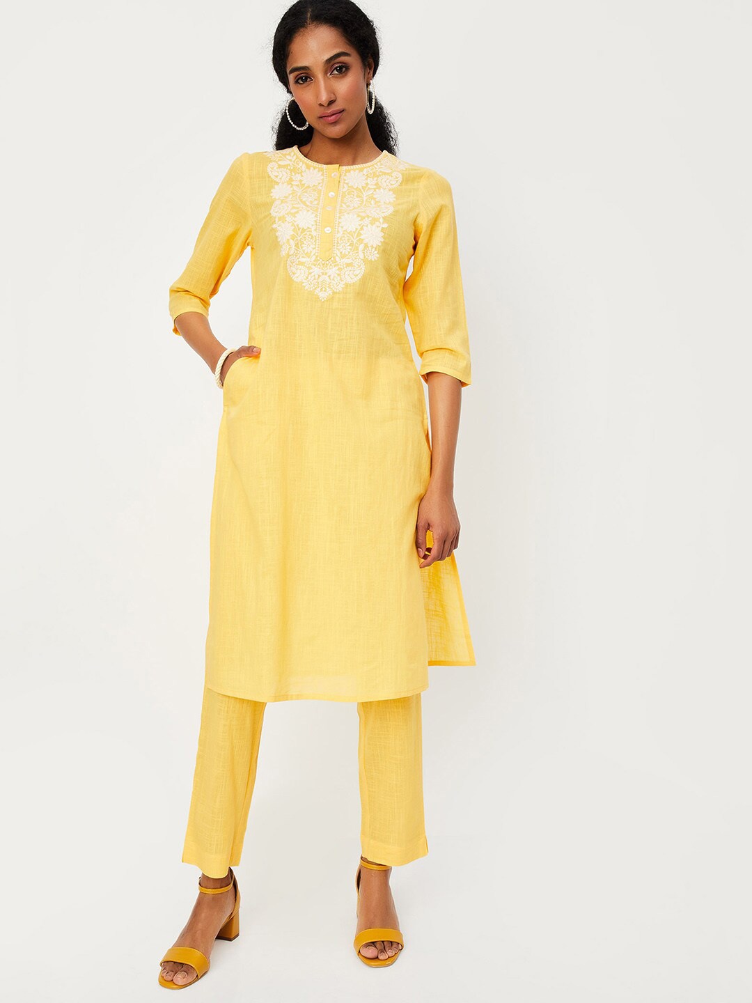 

max Floral Thread Work Round Neck Kurta Set, Yellow