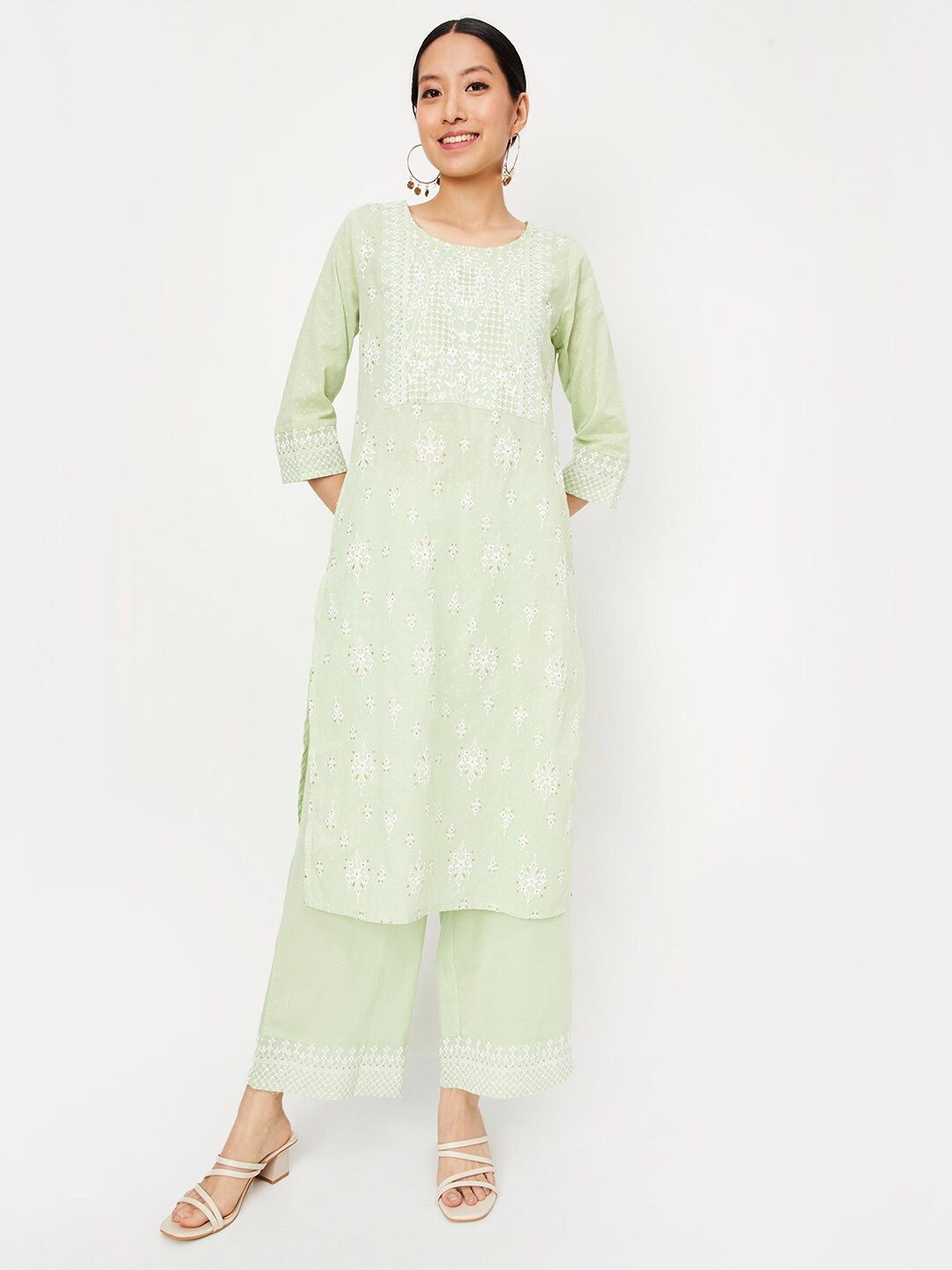 

max Ethnic Motifs Round Neck Thread Work Kurta Set, Green