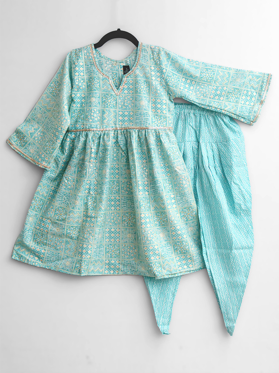 

BAESD Girls Ethnic Motif Printed Anarkali Kurta with Dhoti Pant, Turquoise blue