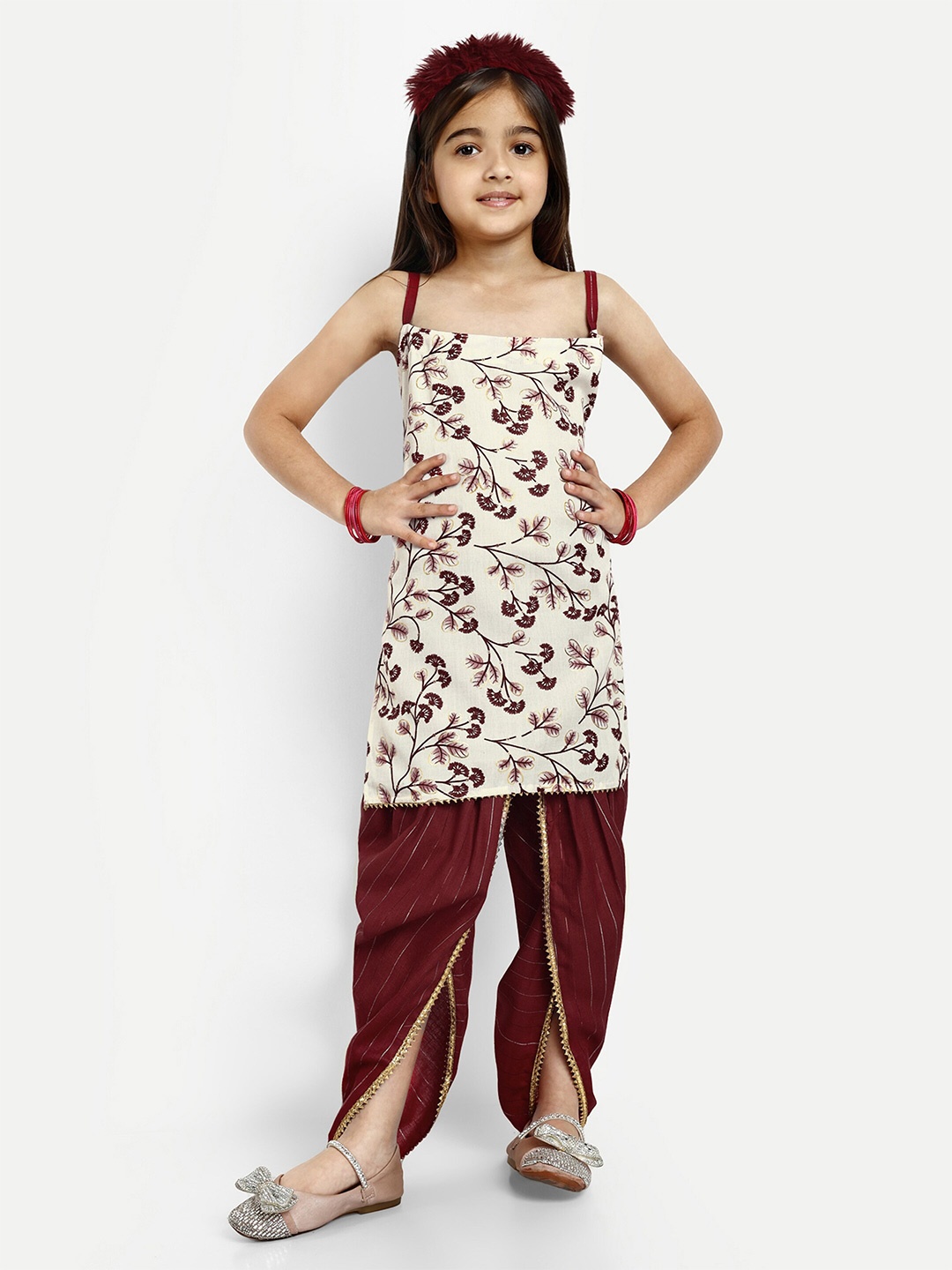 

BAESD Girls Floral Printed Cotton Kurta With Dhoti Pant, White