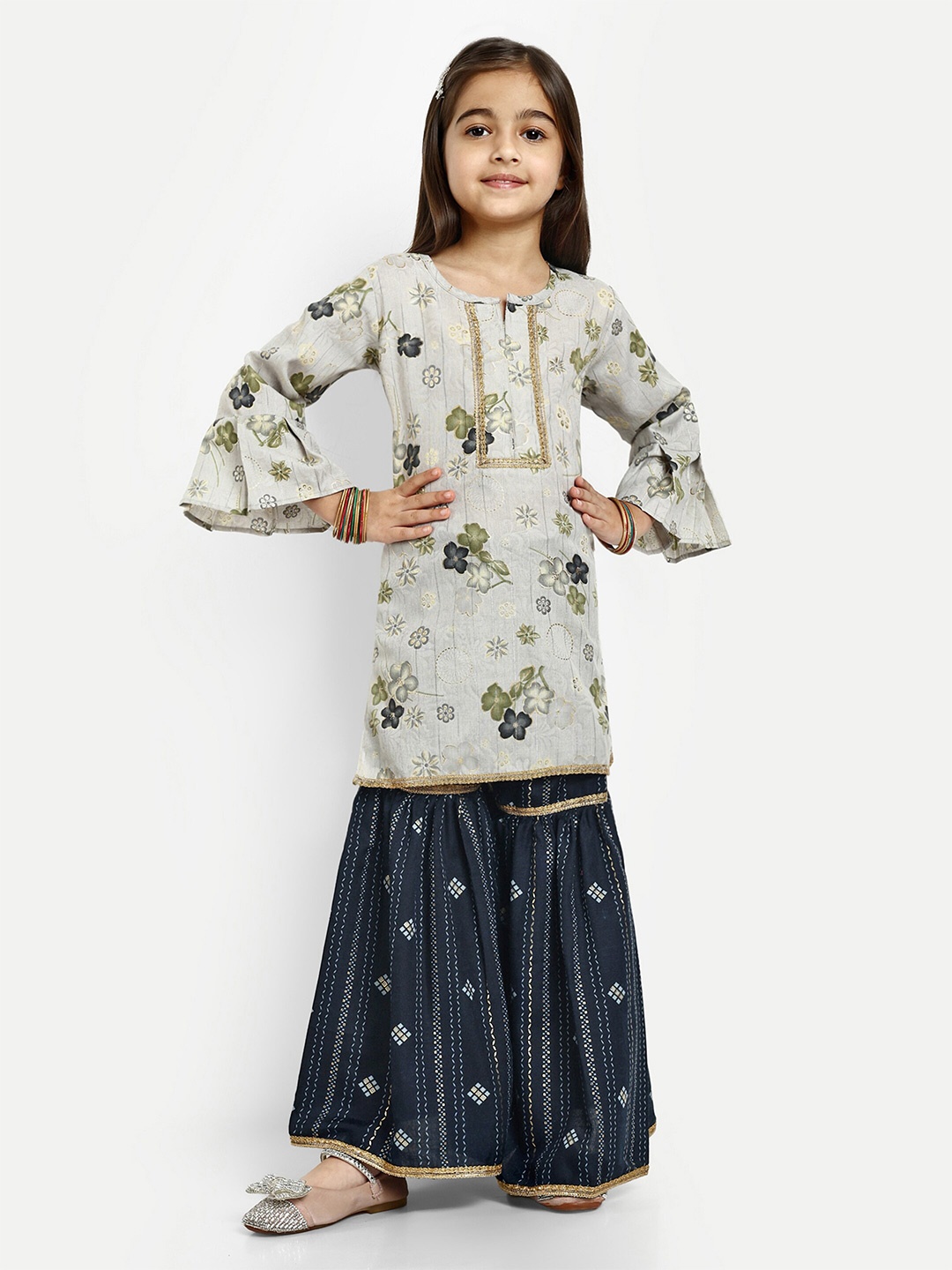 

BAESD Girls Floral Printed Kurta With Sharara, Grey