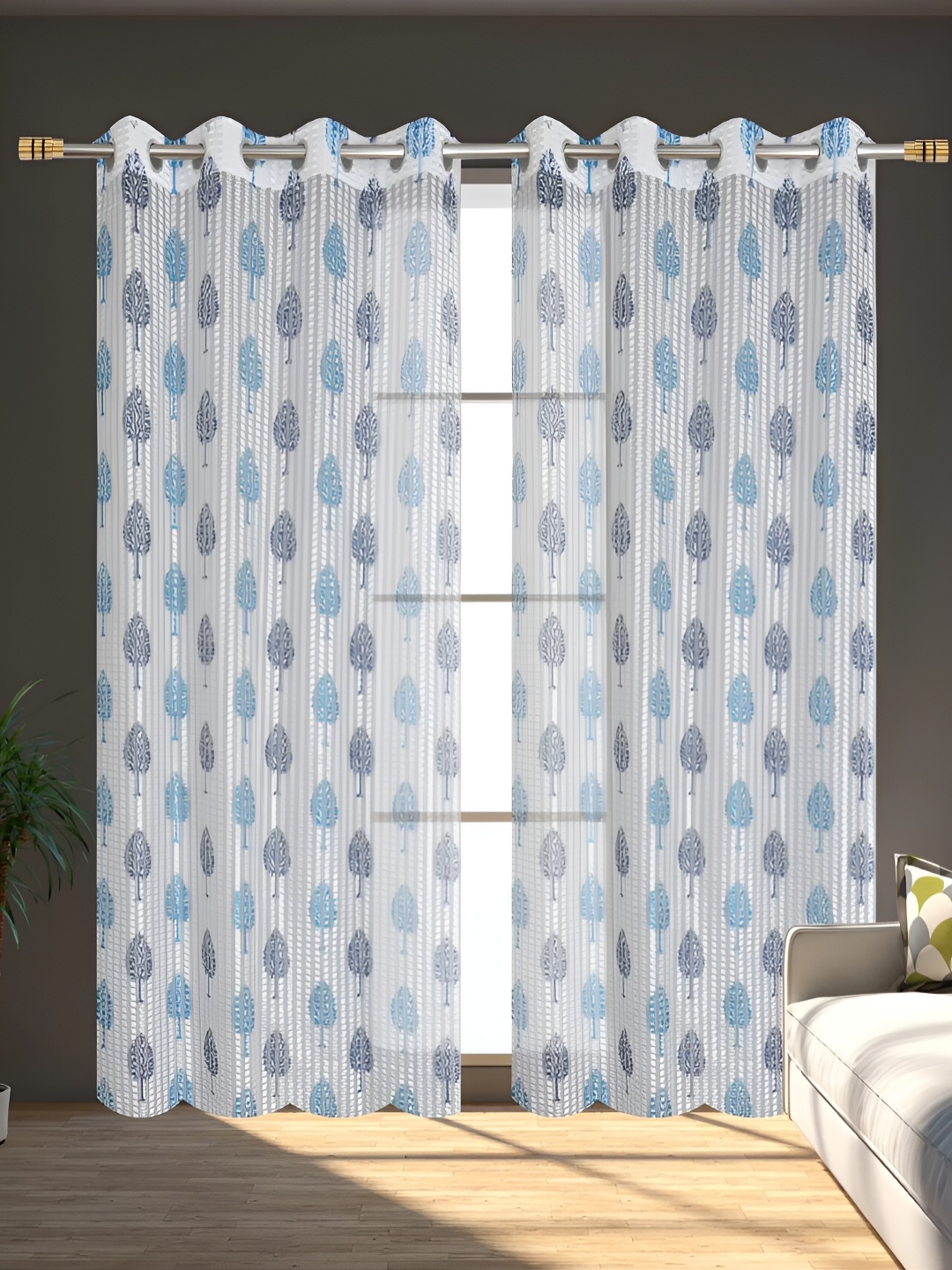 

stuffique Teal & White 2 Pieces Floral Printed Sheer Window Curtains