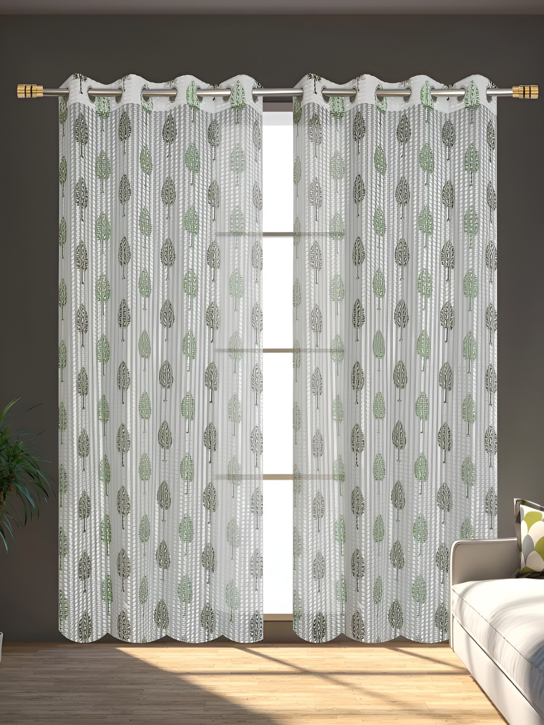 

stuffique Green & Grey 2 Pieces Floral Printed Sheer Door Curtains
