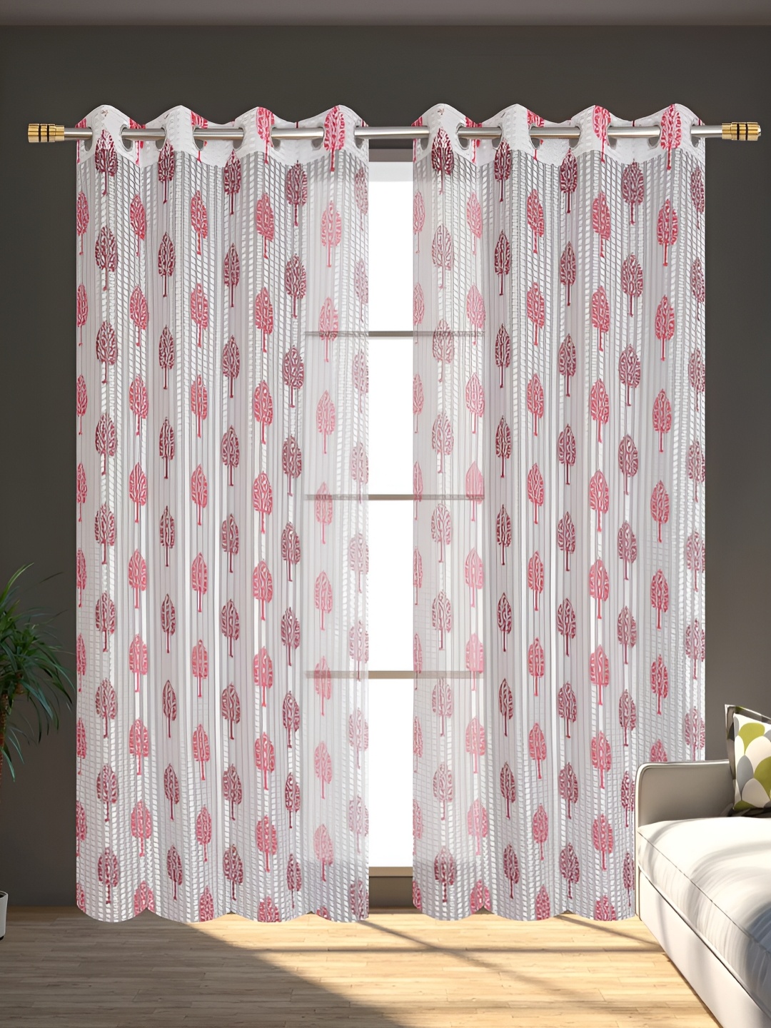 

stuffique Maroon & White 2 Pieces Floral Printed Sheer Door Curtains