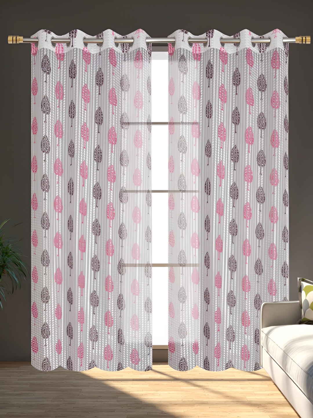 

stuffique Pink & White 2 Pieces Floral Printed Sheer Window Curtains