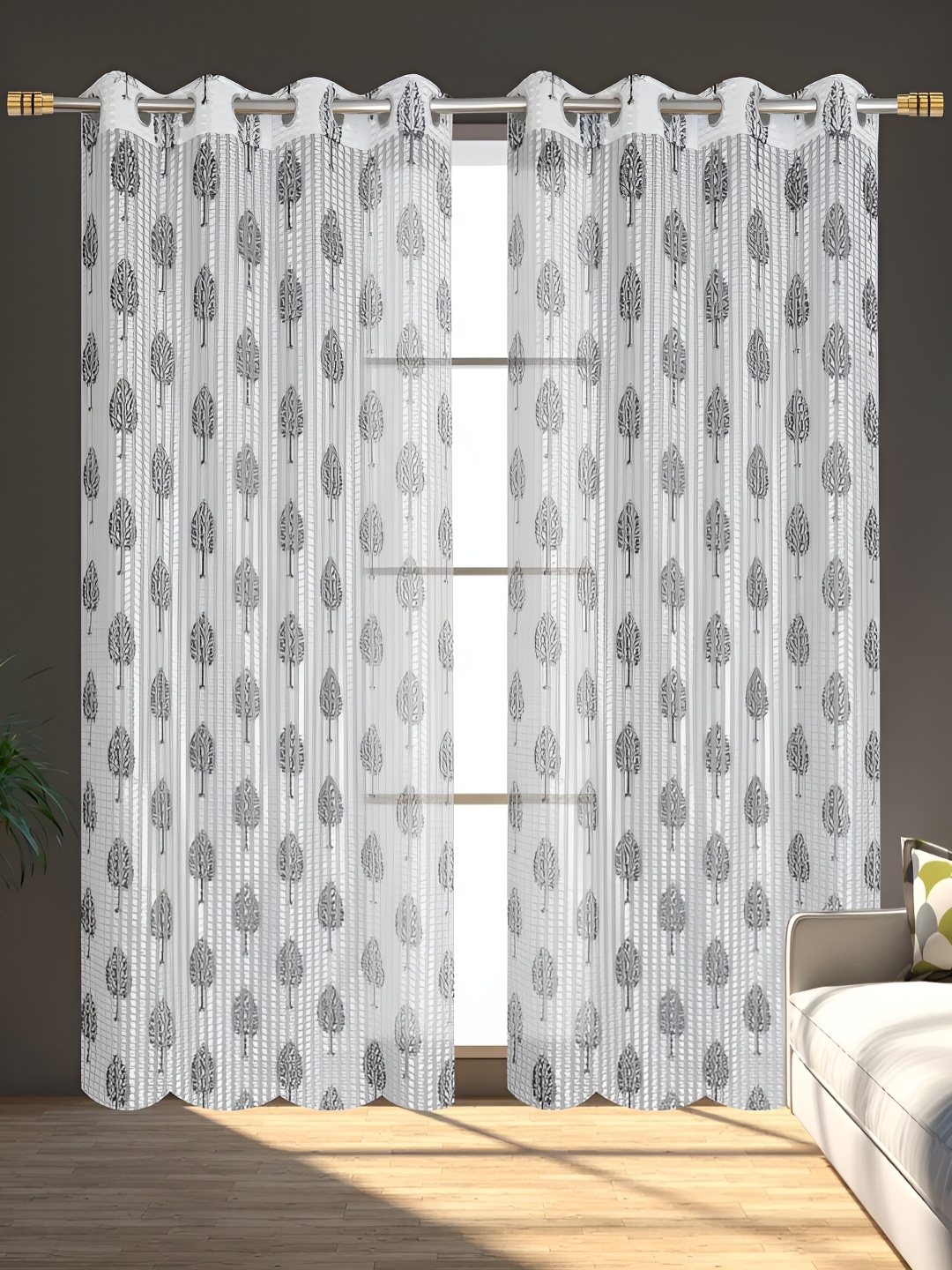 

stuffique Grey & White 2 Pieces Floral Printed Sheer Window Curtains
