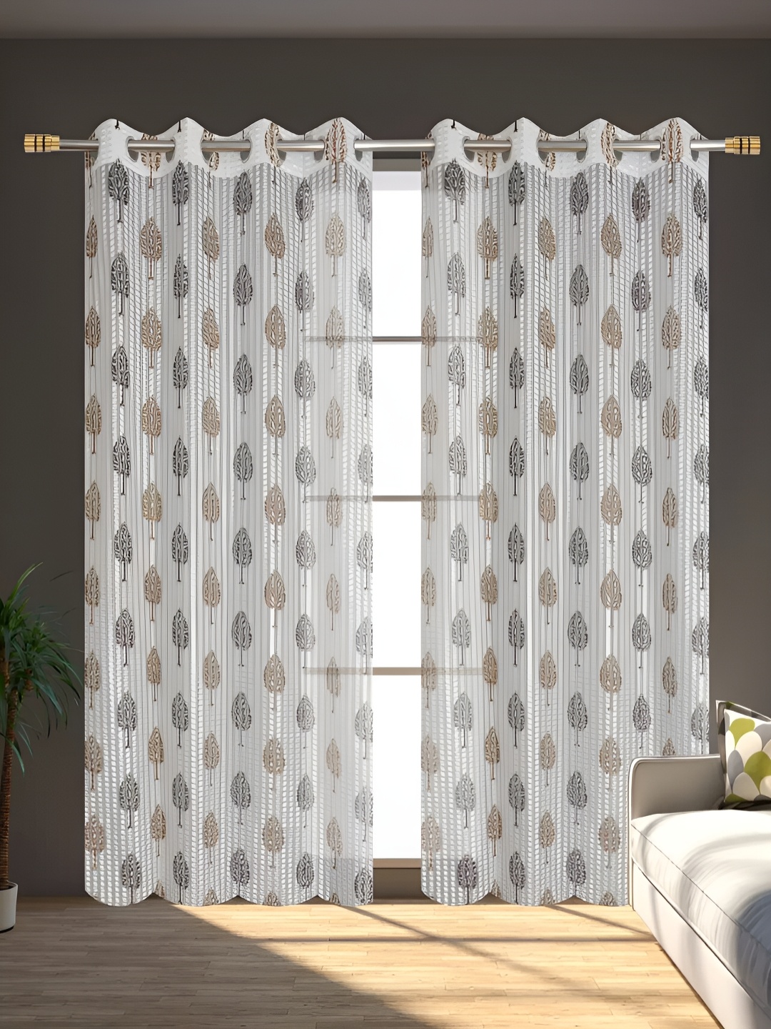 

stuffique Brown & White 2 Pieces Floral Printed Sheer Long Door Curtains
