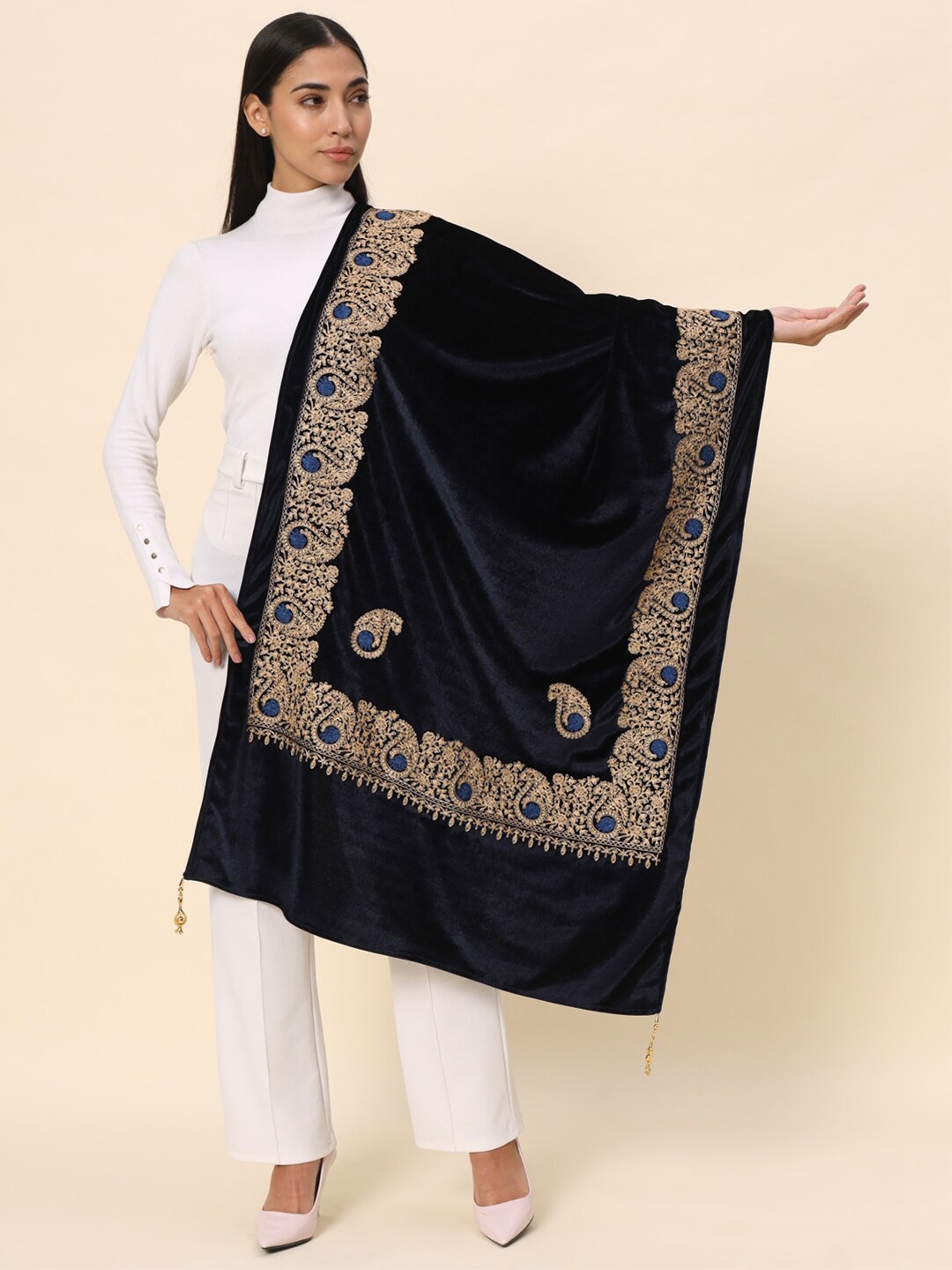 

Zamour Paisley Embroidered Velvet Stole, Navy blue