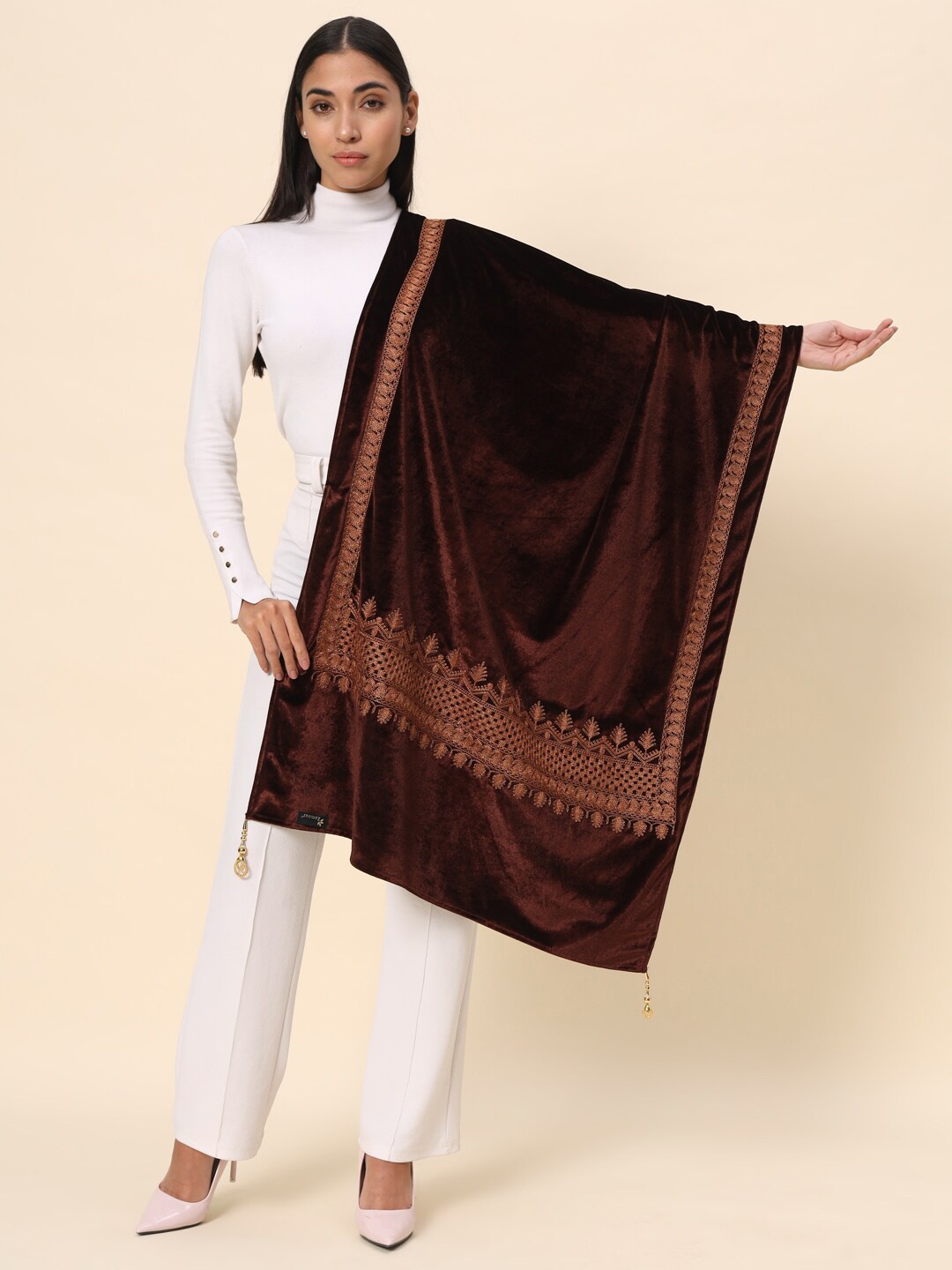 

Zamour Floral Embroidered Velvet Stole, Brown