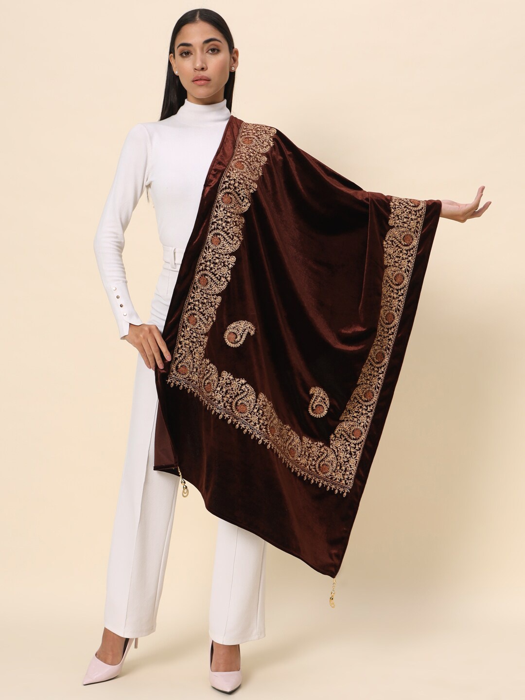 

Zamour Paisley Embroidered Velvet Stole, Brown