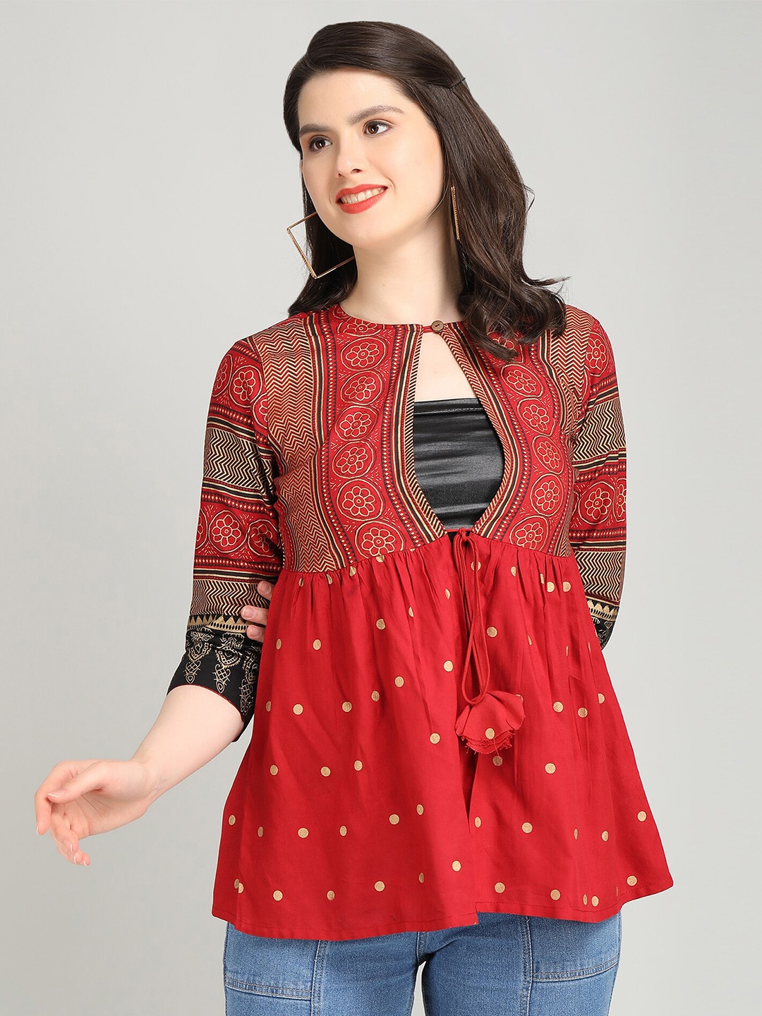 

SGRF Key Hole Neck Ethnic Motifs Printed Top, Red