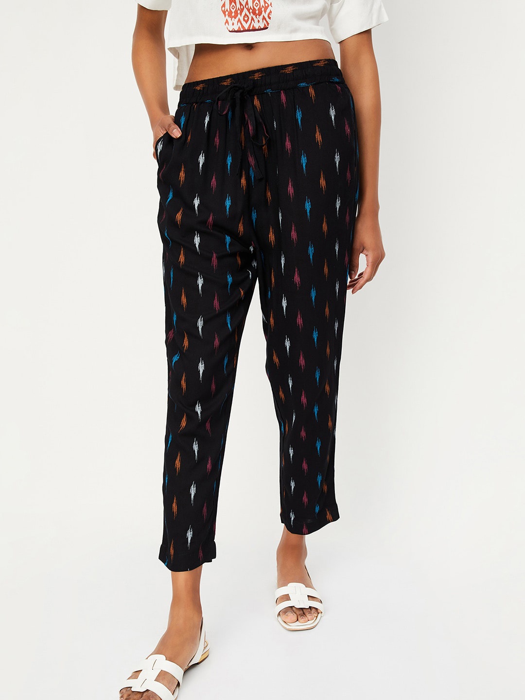 

max Women Ethnic Motifs Printed Peg Trousers, Black