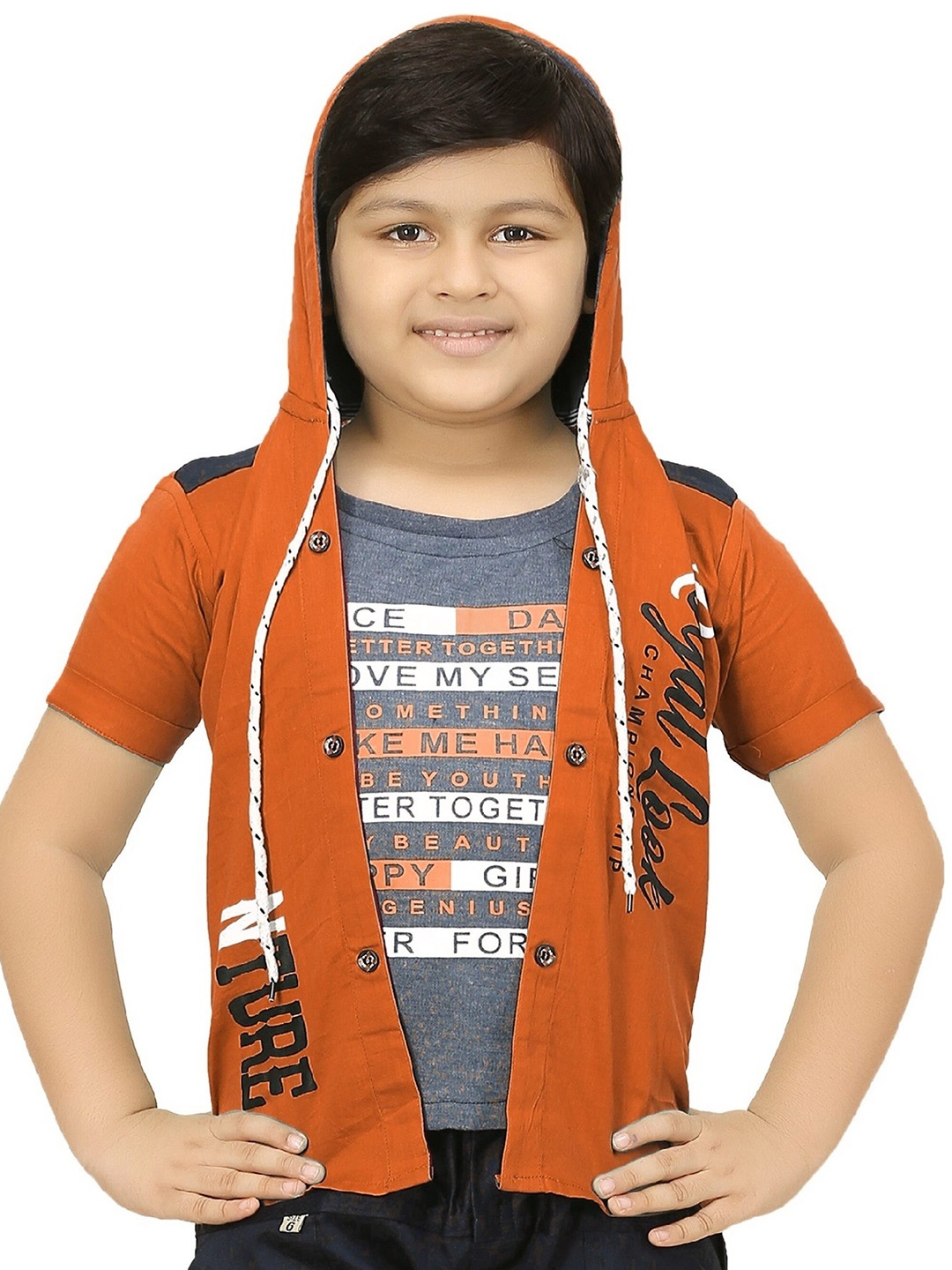

BAESD Boys Typography Printed Hooded Tailored Jacket With Attached T-shirt, Brown