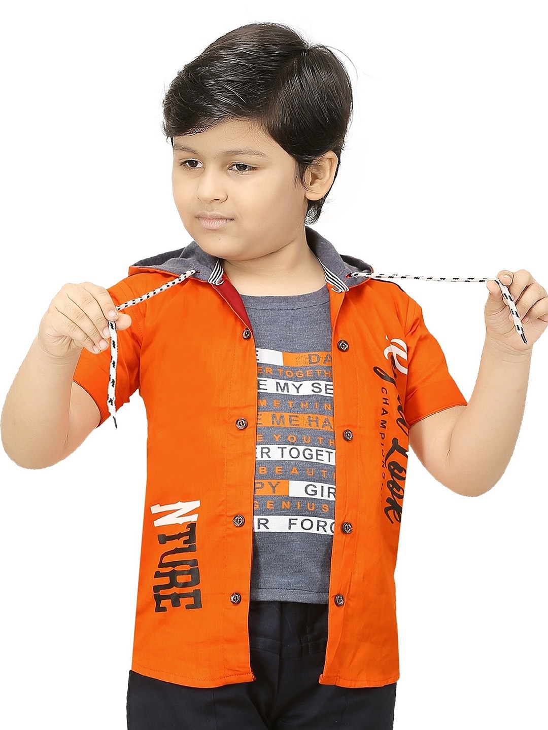 

BAESD Boys Typography Printed Lightweight Hooded Open Front Jacket With Attached T-Shirt, Orange