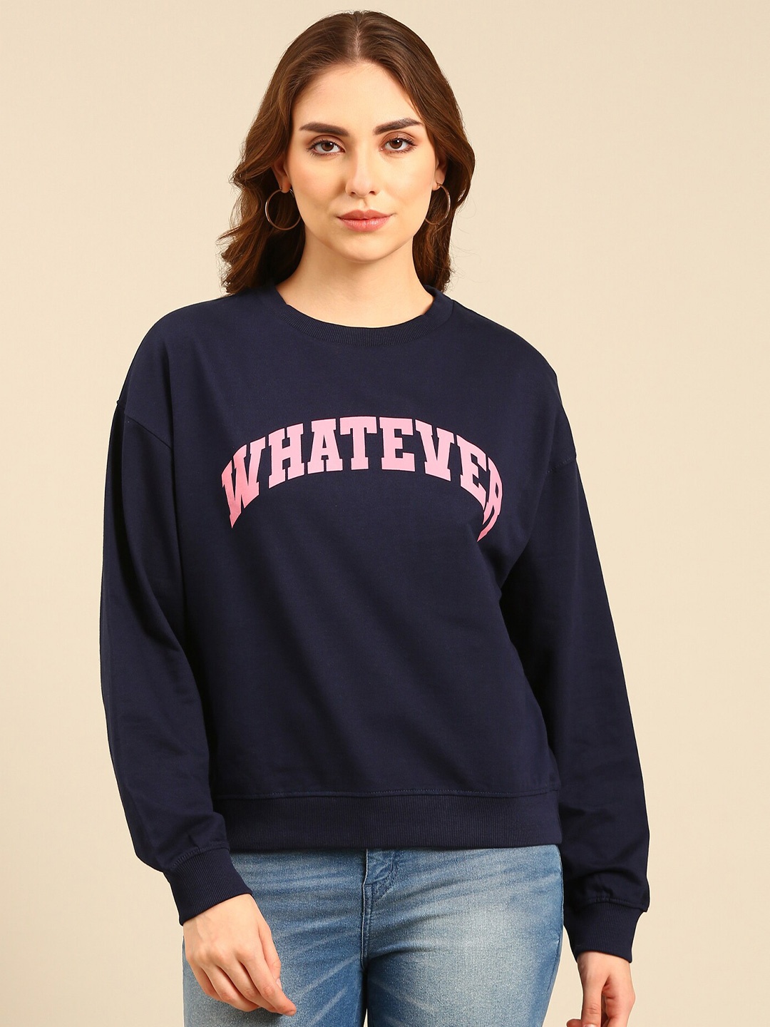 

recast Typography Printed Oversized Pure Cotton Pullover Sweatshirt, Navy blue