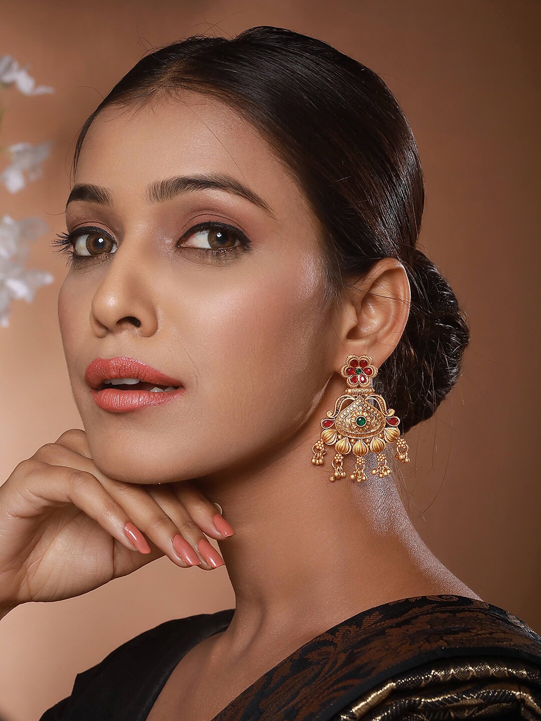 

Anouk Green Gold-Plated Studded & Beaded Classic Chandbalis