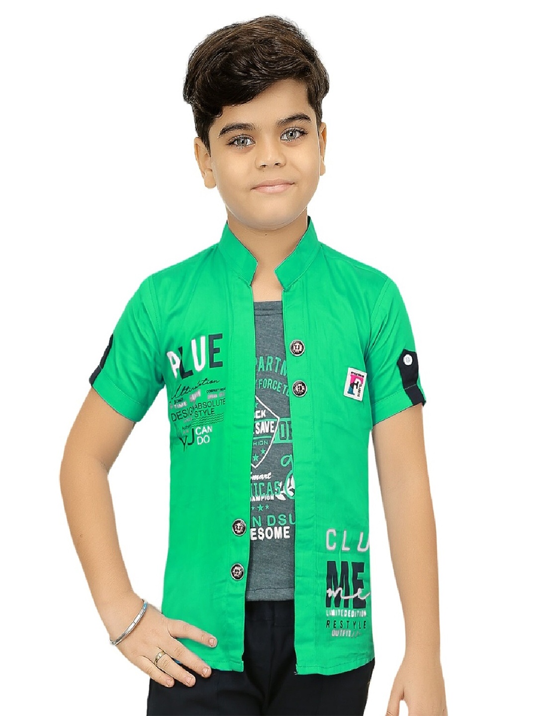 

BAESD Boys Typography Printed Mandarin Collar Tailored Jacket With Attached T-shirt, Green