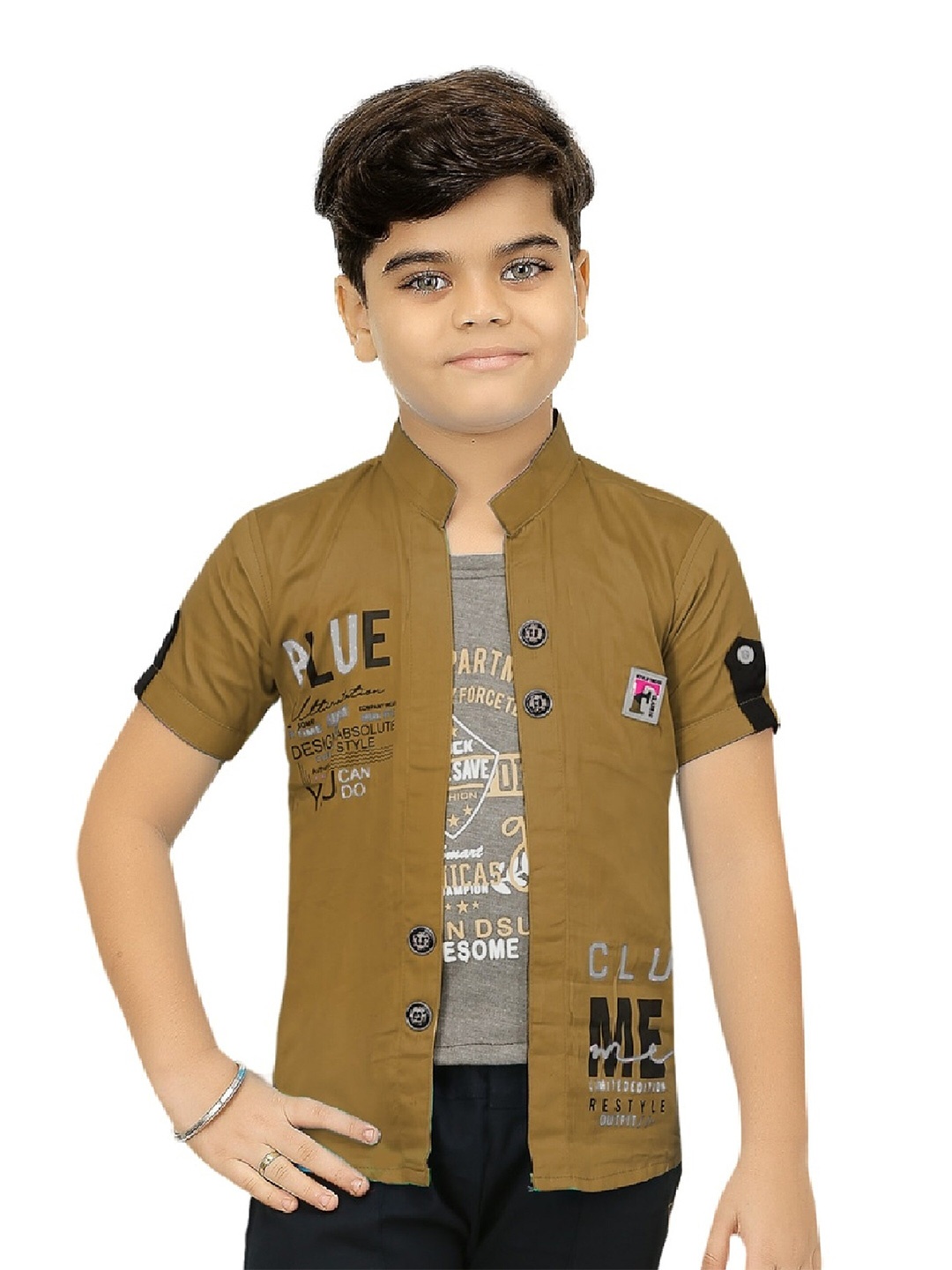 

BAESD Boys Typography Printed Lightweight Open Front Jacket With Attached T-Shirt, Brown