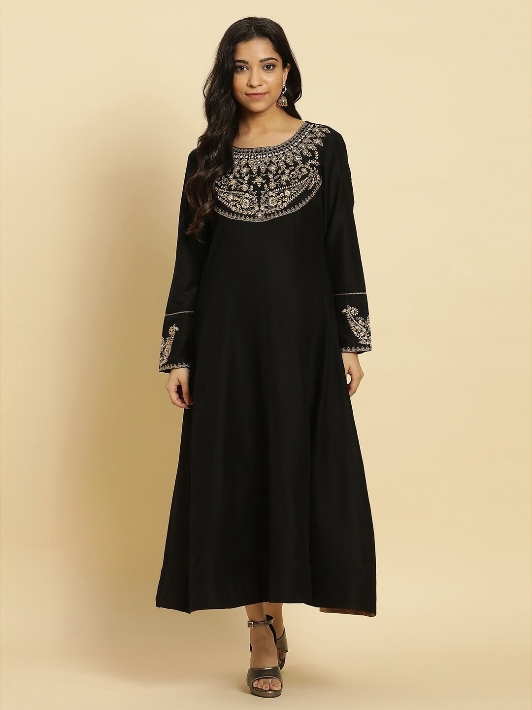 

W Embroidered Round Neckline A-Line Kurta, Black
