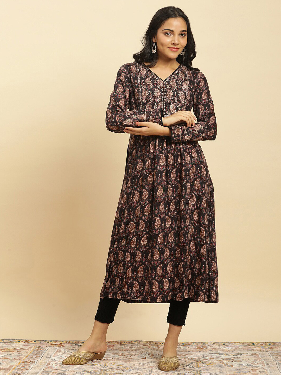 

W Paisley Printed A Line Kurta, Black