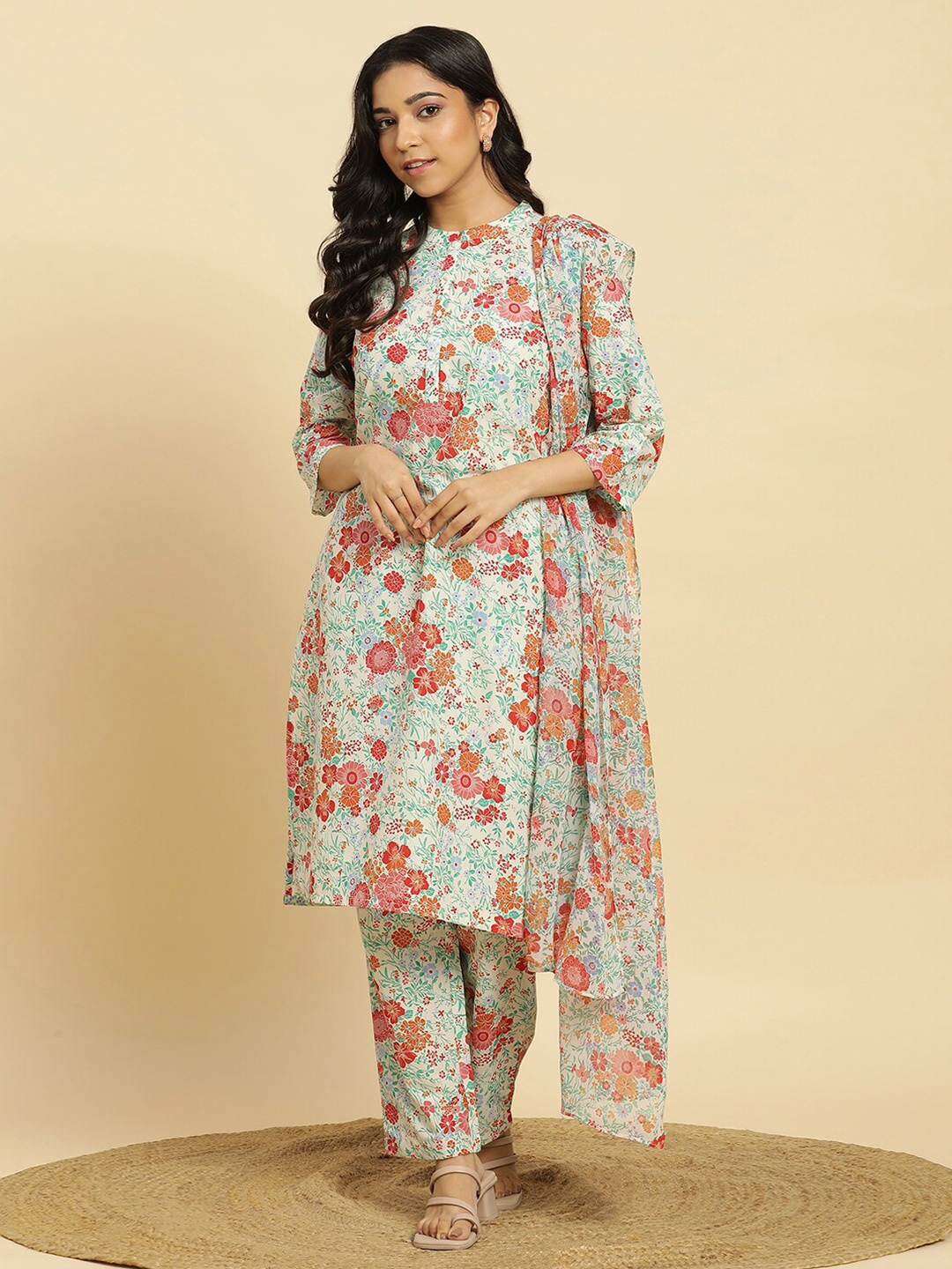 

W Floral Printed Regular Pure Cotton Straight Kurta with Trouser & Dupatta, White