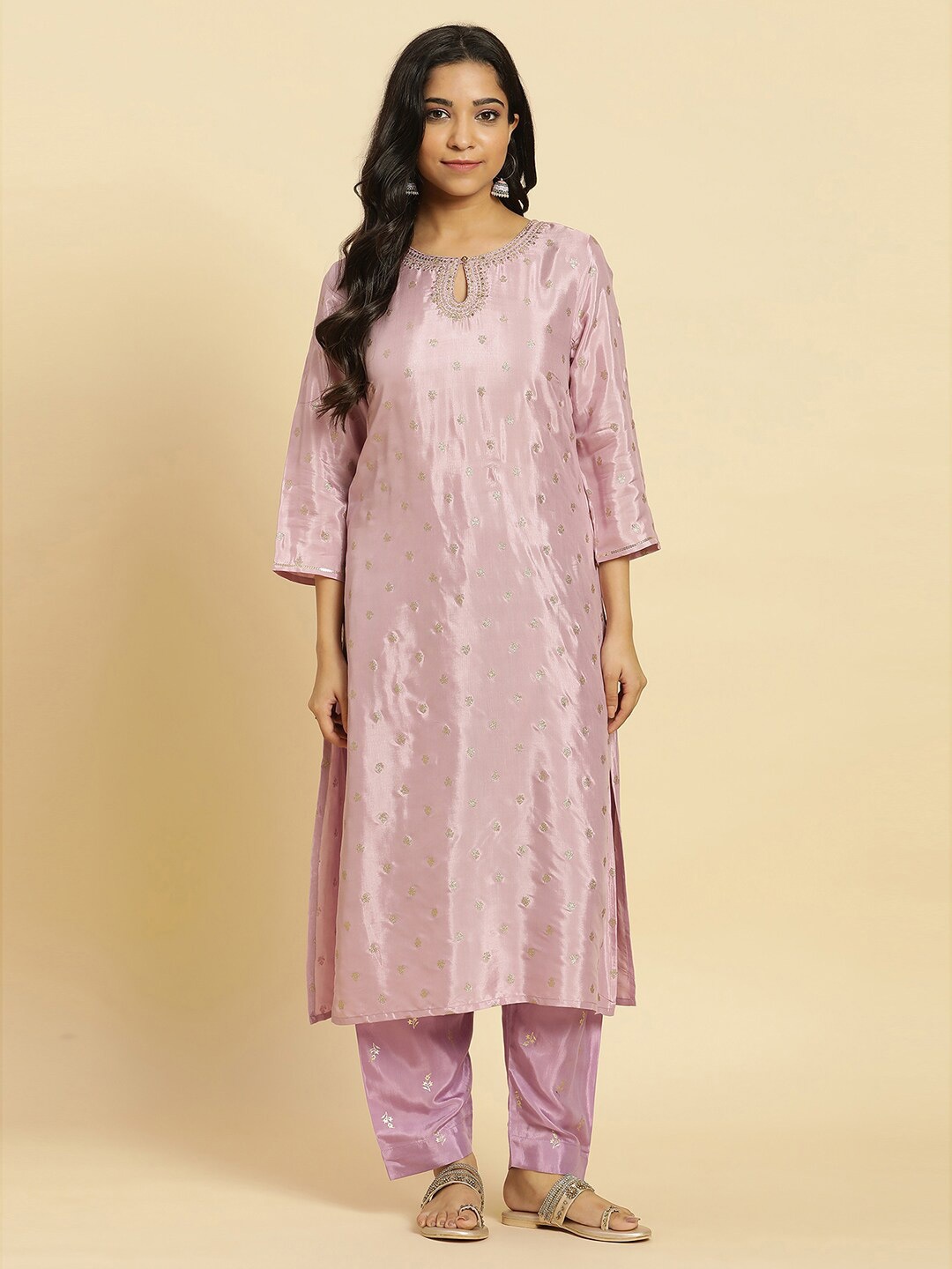 

W Lilac & Gold-Toned Floral Zari Embroidered Keyhole Neck A-Line Kurta, Purple