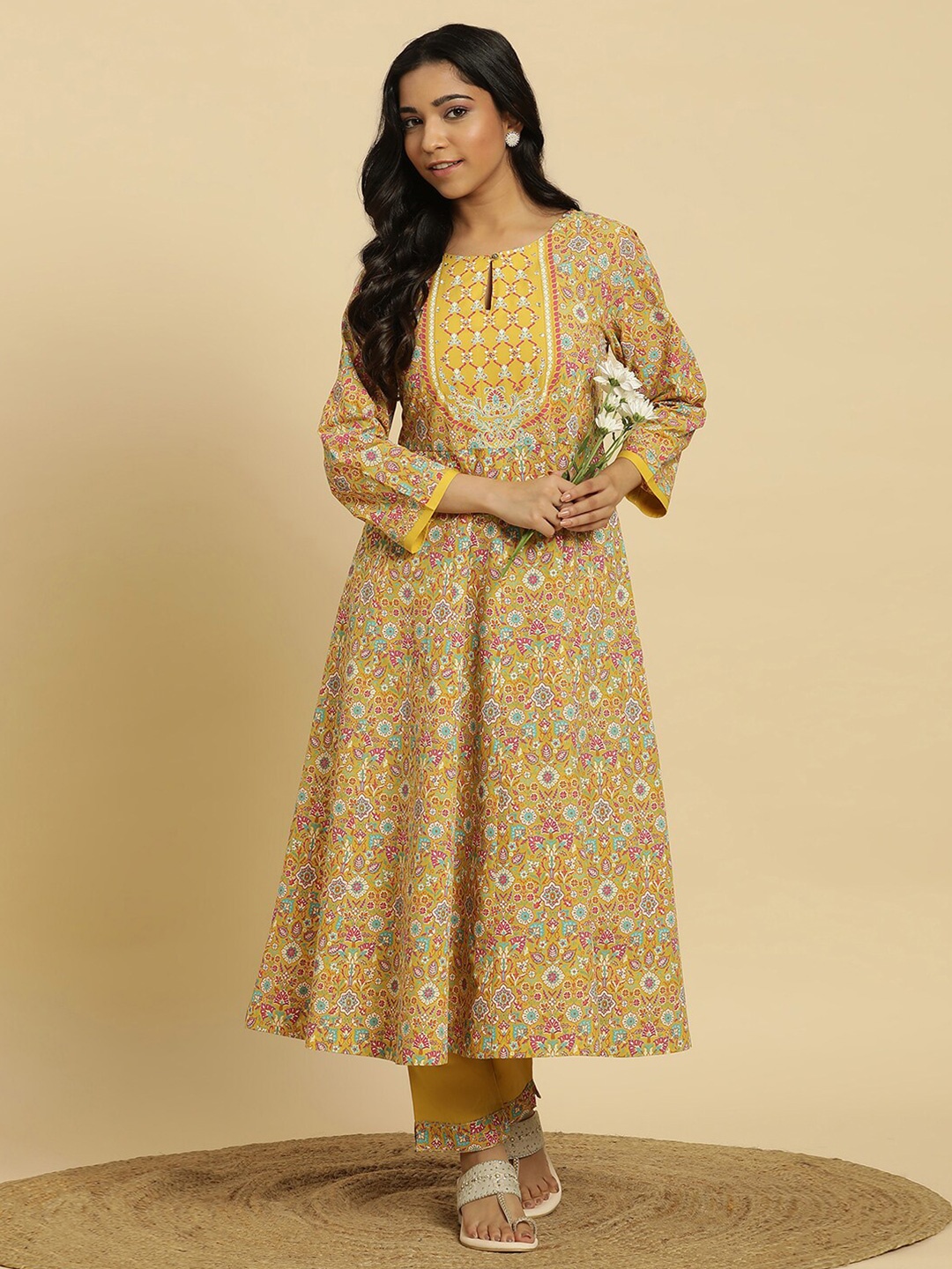 

W Printed Regular Sequinned Pure Cotton Kurta With Trouser, Yellow