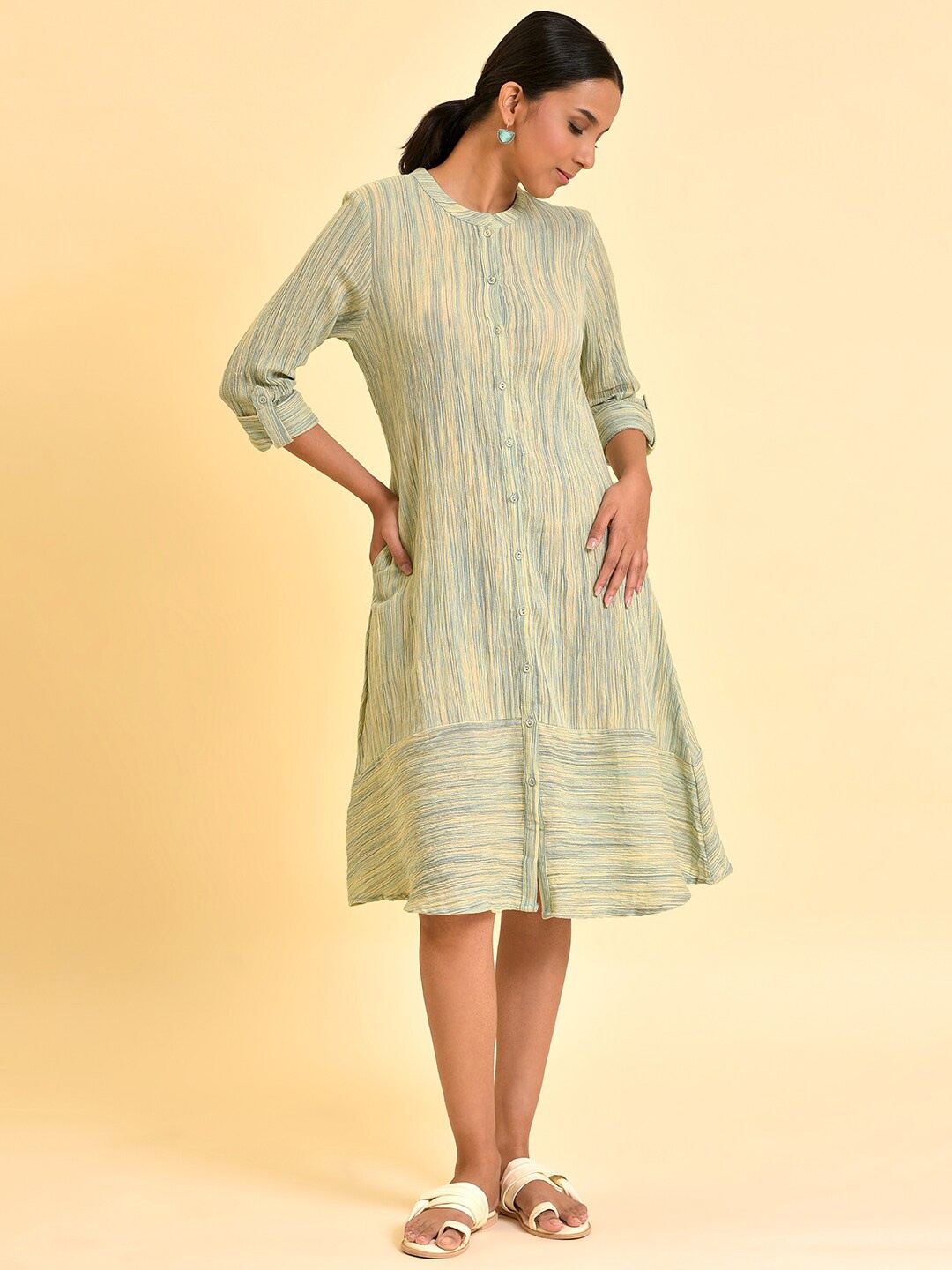 

W Striped Fit & Flare Midi Cotton Dress, Beige