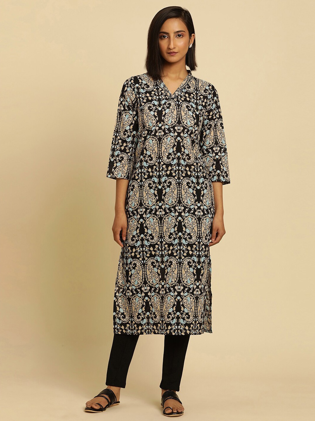 

W Paisley Printed V Neck Straight Kurta, Black