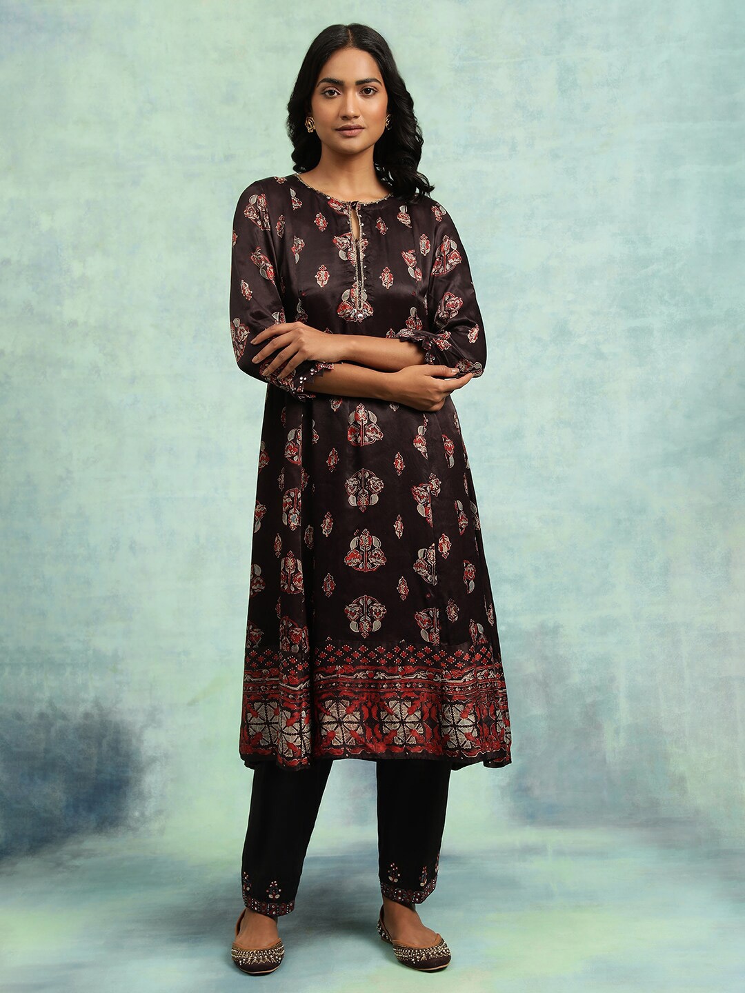 

W Tribal Mirror Work Anarkali Kurta, Brown
