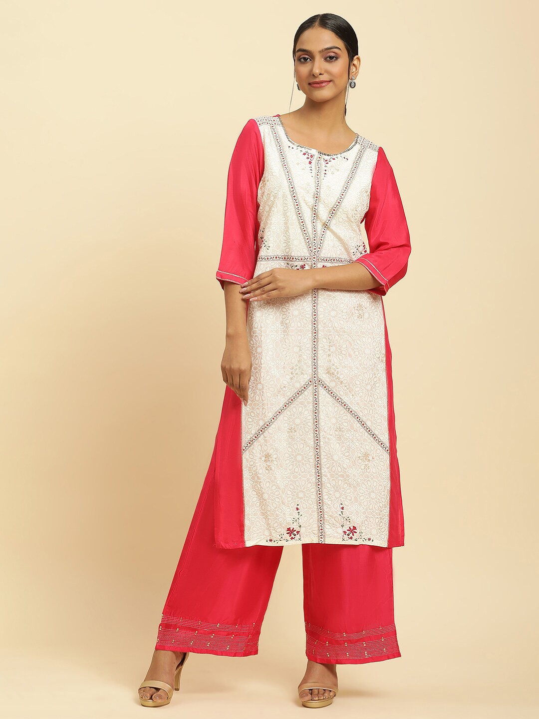 

W Floral Printed Straight Kurta with Palazzo, Cream