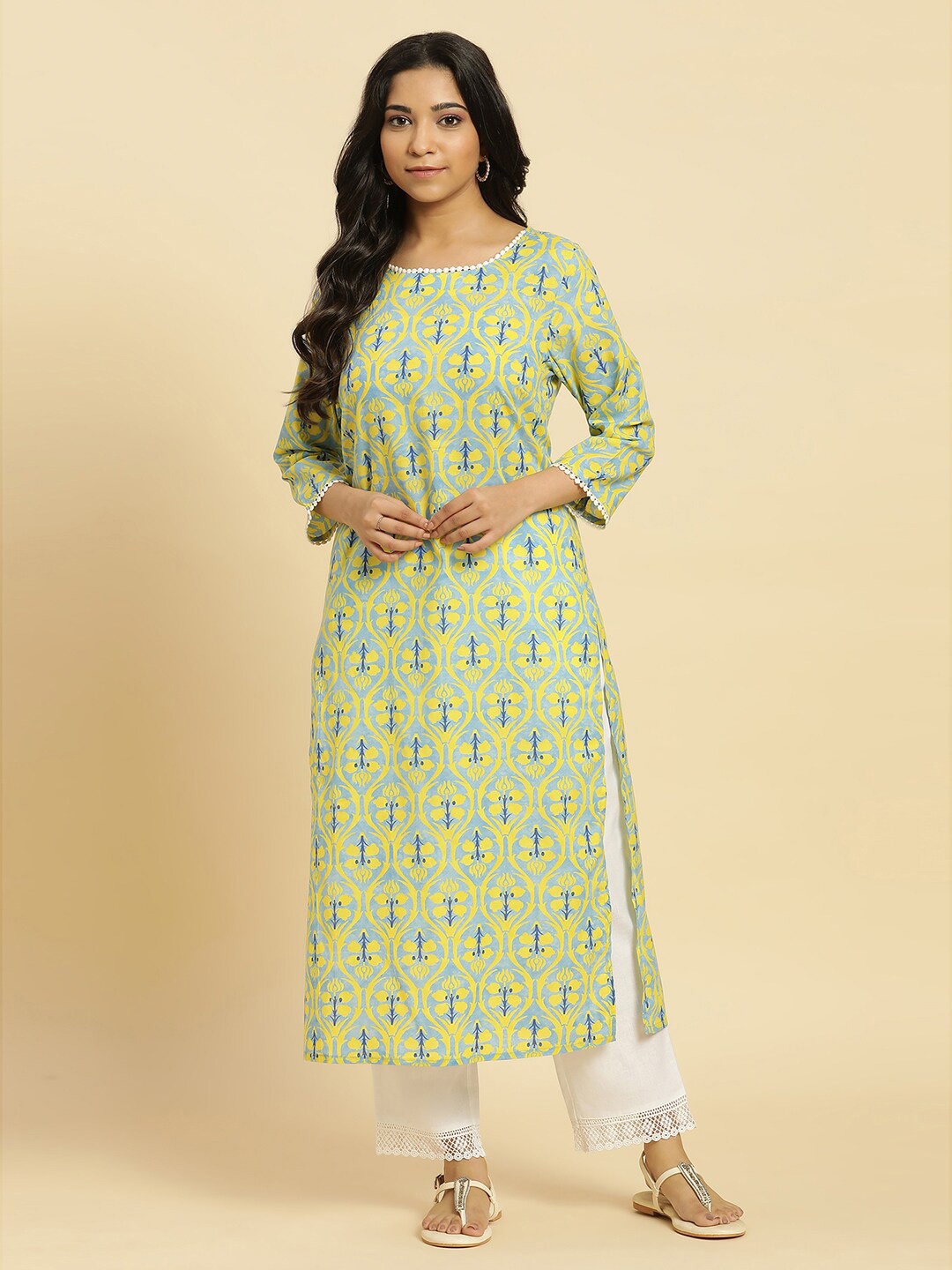 

W Floral Printed Cotton Straight Kurta, Blue